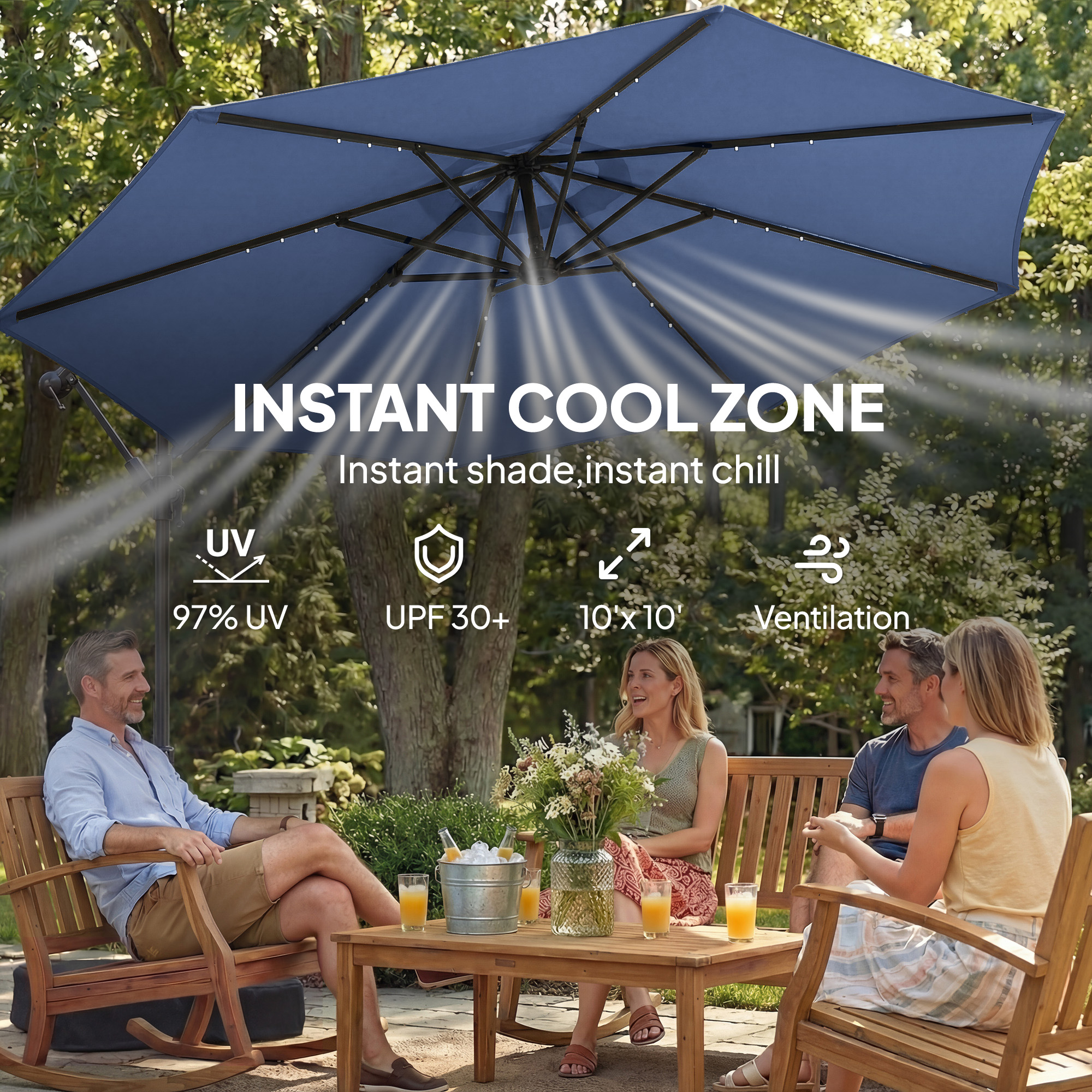  10 ft Cantilever Patio Umbrella with Light, Weight, Offset Hanging Outdoor Umbrella with Protective Cover, Dark Blue