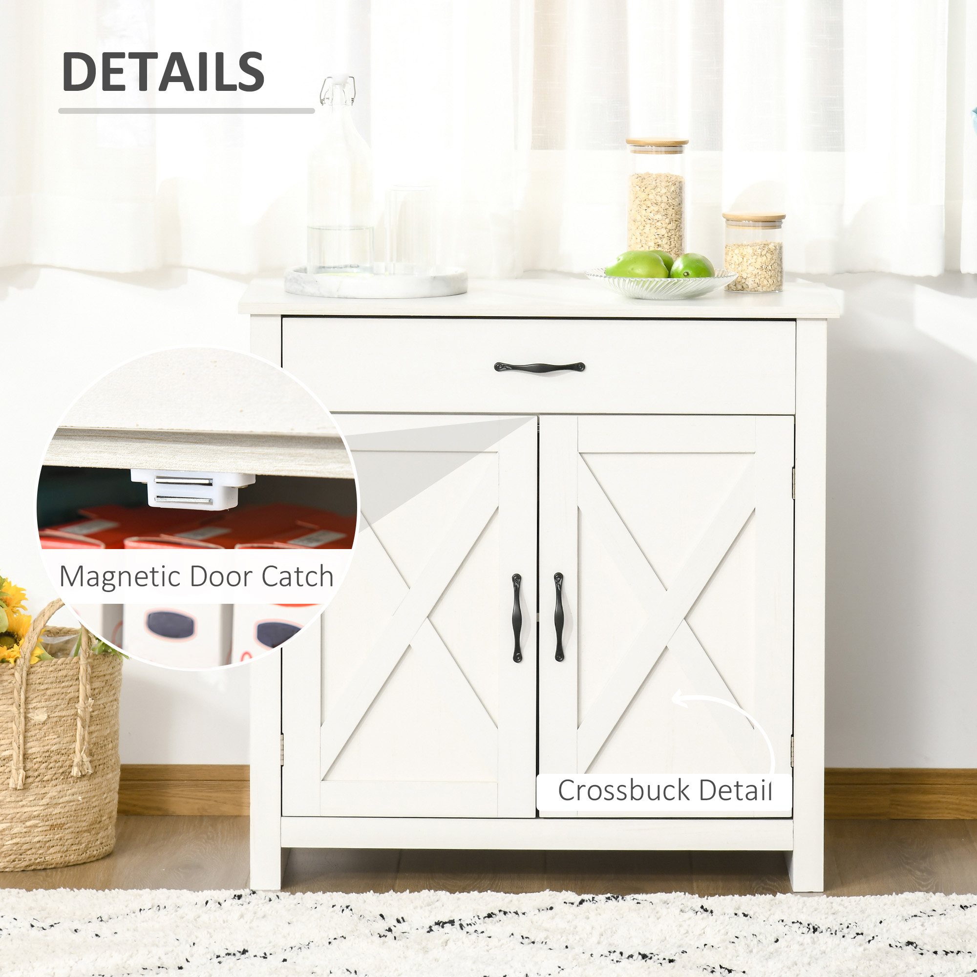  Farmhouse Sideboard Buffet Cabinet, Barn Door Coffee Bar Cabinet with Drawer and Adjustable Shelf for Kitchen, Living Room, Entryway, White Wash