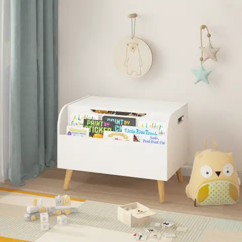 Wooden Toy Box Kids Toy Storage Organizer With Front Bookshelf Flip Top