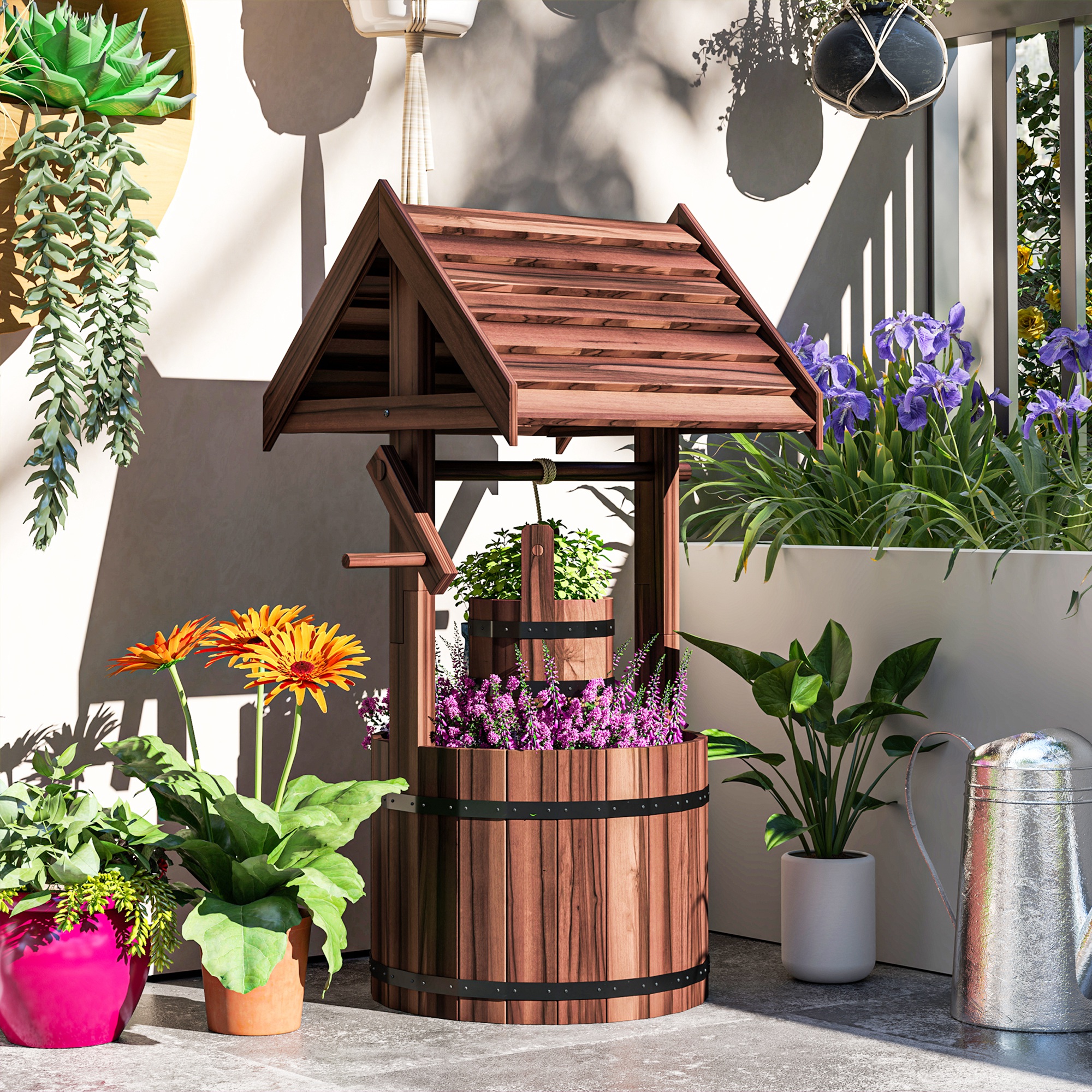  Wood Wishing Well for Outside with Hanging Bucket, Wishing Well Planter with Drain Hole for Garden Patio, Carbonized