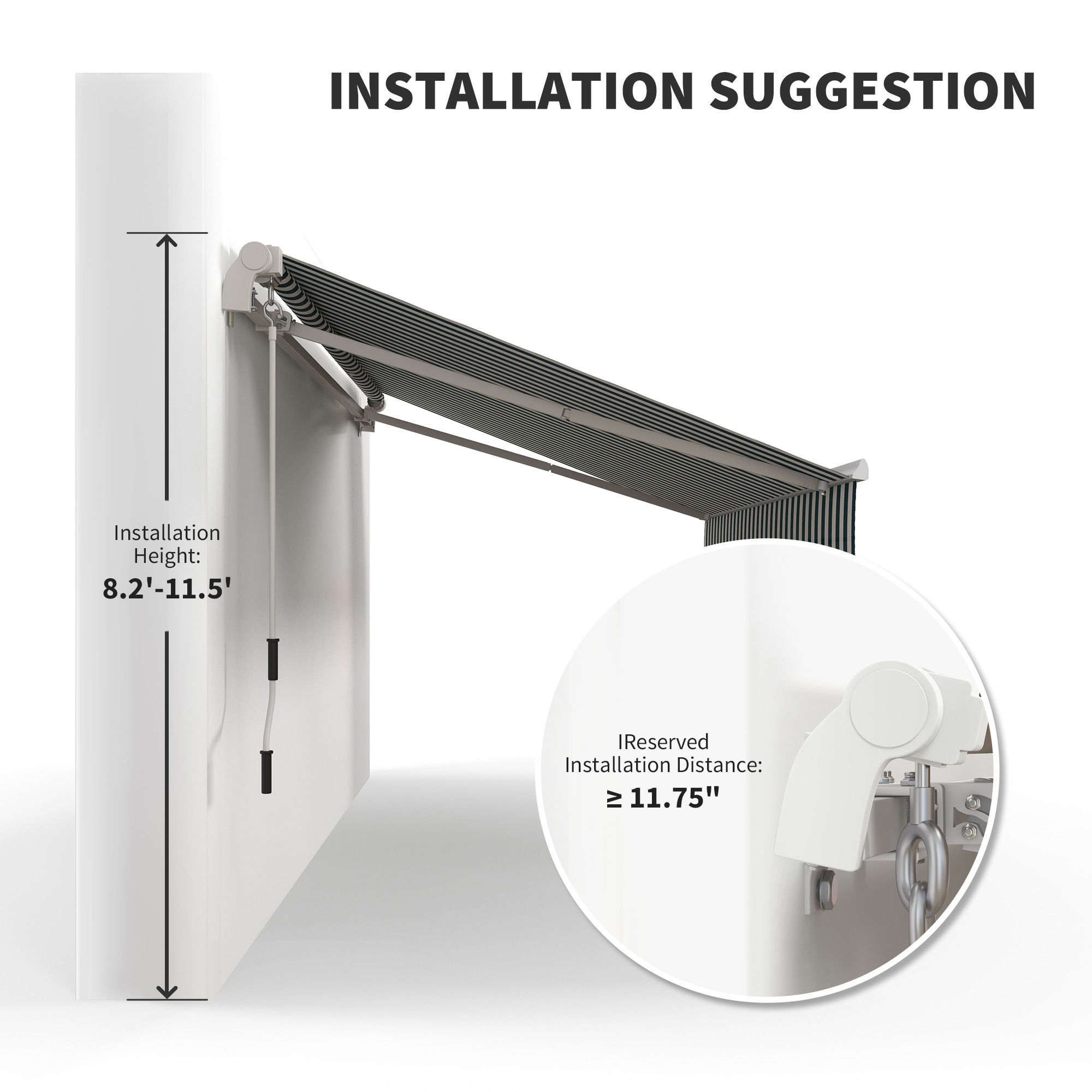  12' x 10' Retractable Awning Patio Awnings Sun Shade Shelter with Manual Crank Handle, 280g/m² UV & Water-Resistant Fabric and Aluminum Frame for Deck, Balcony, Yard, Green and White