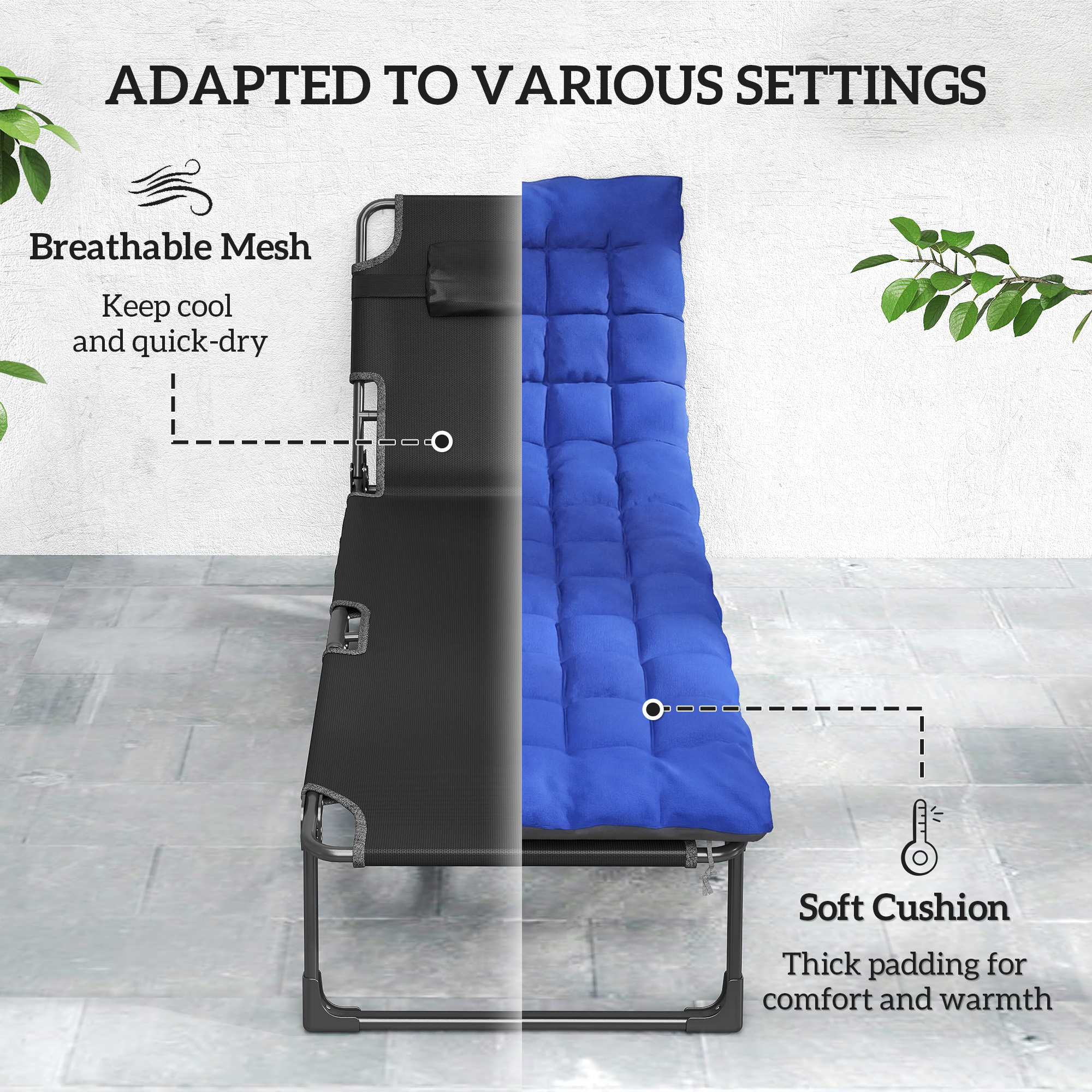  Folding Chaise Lounge Chair Outdoor Tanning Chair with 5-Position Backrest, Cushion, Side Pocket, Gray/Blue