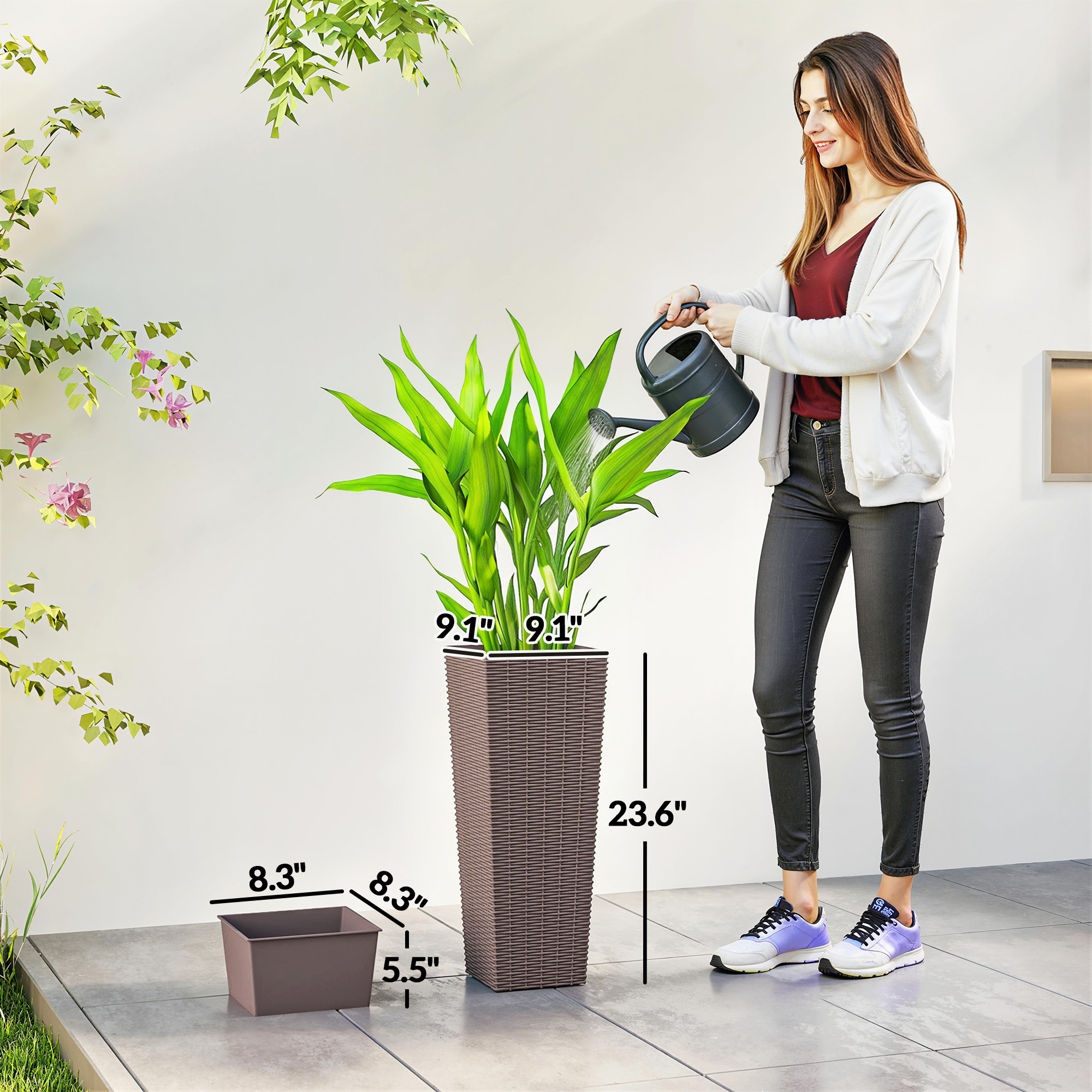  23.6 Inch Tall Planters for Outdoor Plants, Set of 2 Plastic Flower Pots with Drainage Holes, Brown