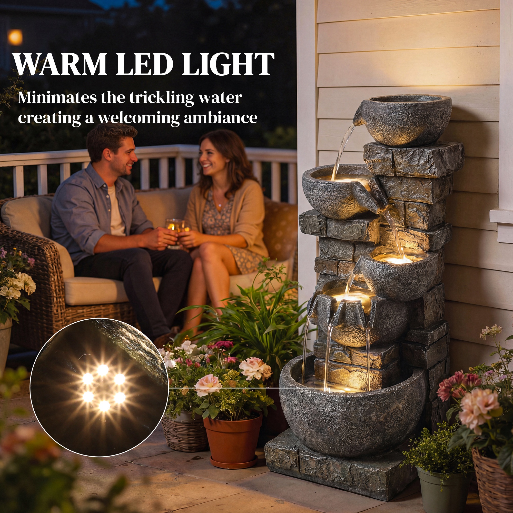 Outdoor Water Fountain with LED Lights, 31.5" Tall 5 Tiers Cascading Water Feature for Garden Patio Home Decor, Gray