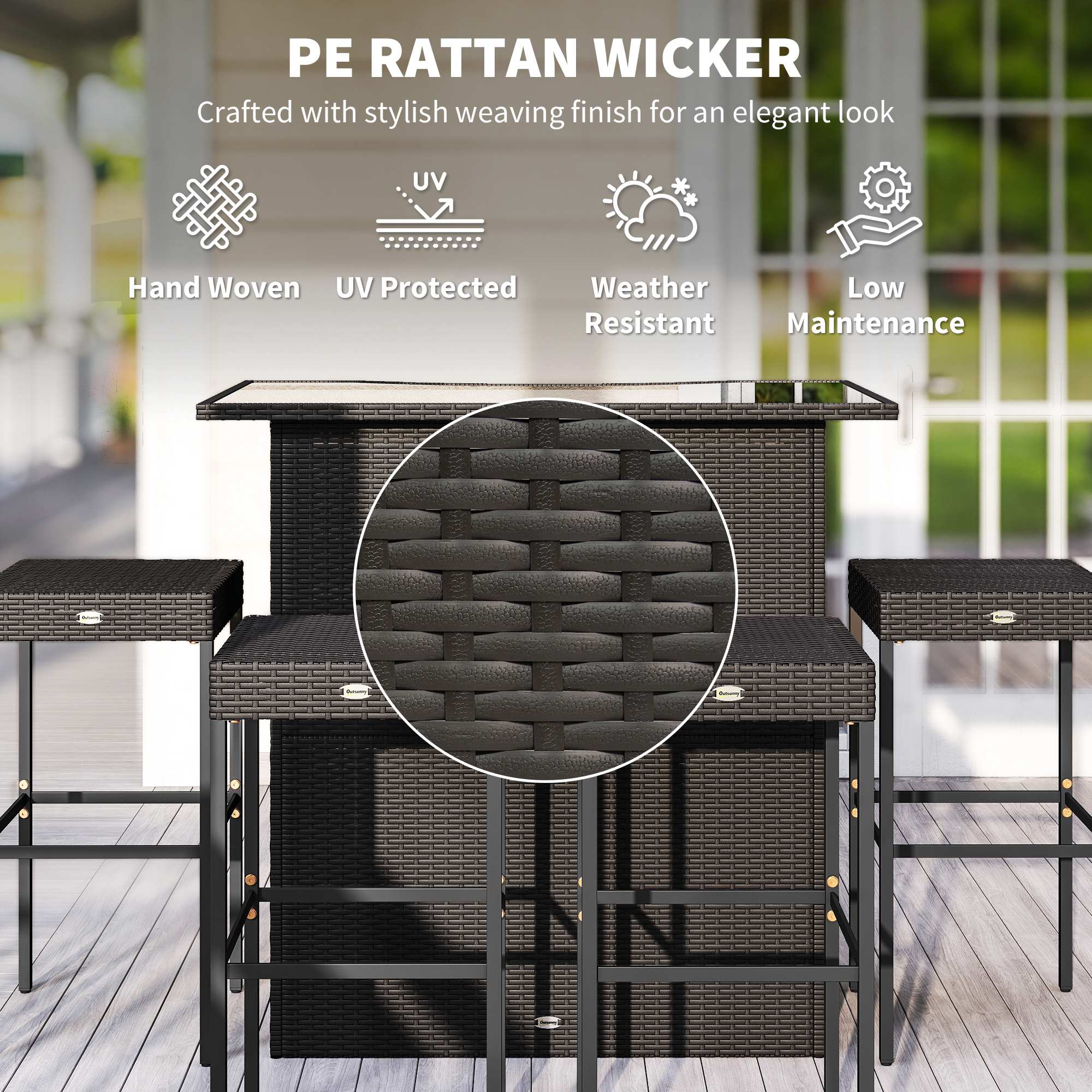  5 Piece Rattan Wicker Bar Set, High Top Outdoor Table and Chairs, Bar Height Patio Set, 2 Shelves & 4 Bar Stools, Brown