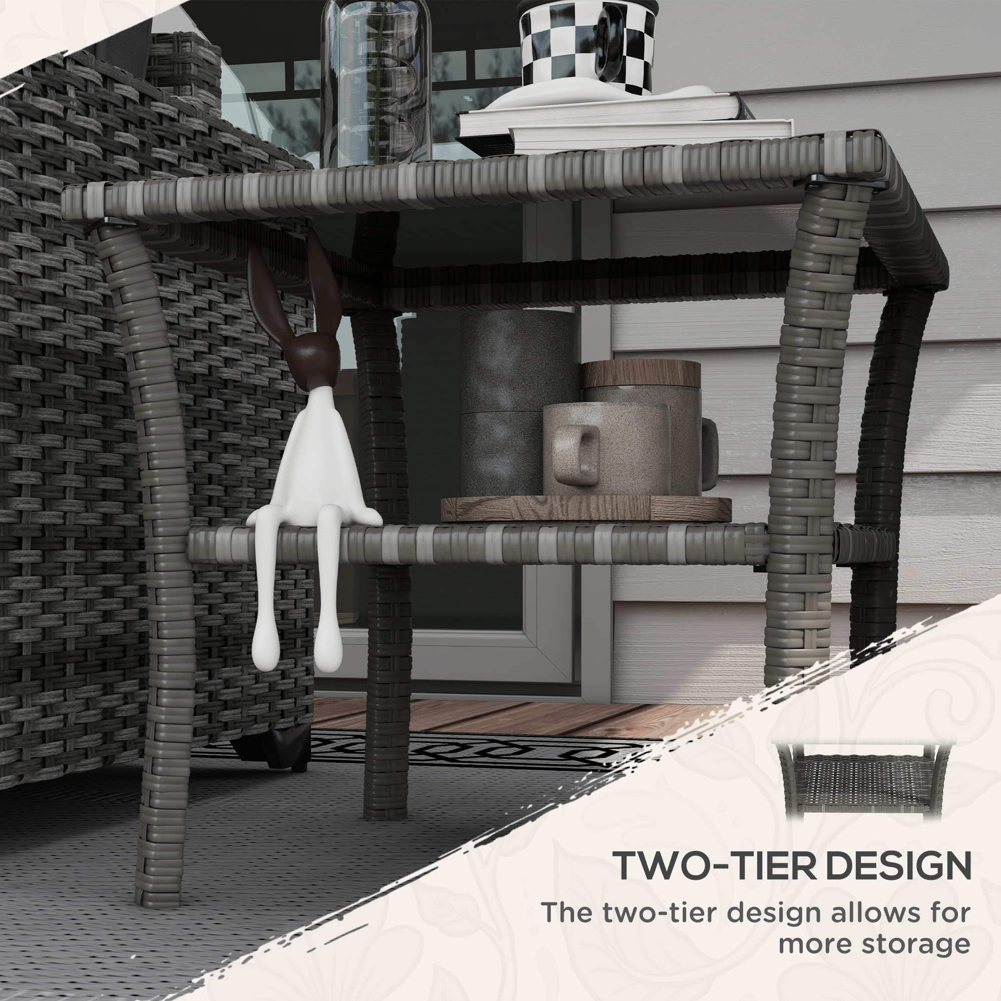  Rattan Side Table, Outdoor End Table with Storage Shelf, Aluminum Frame Square, Coffee Table with Tempered Glass Top, Mixed Gray