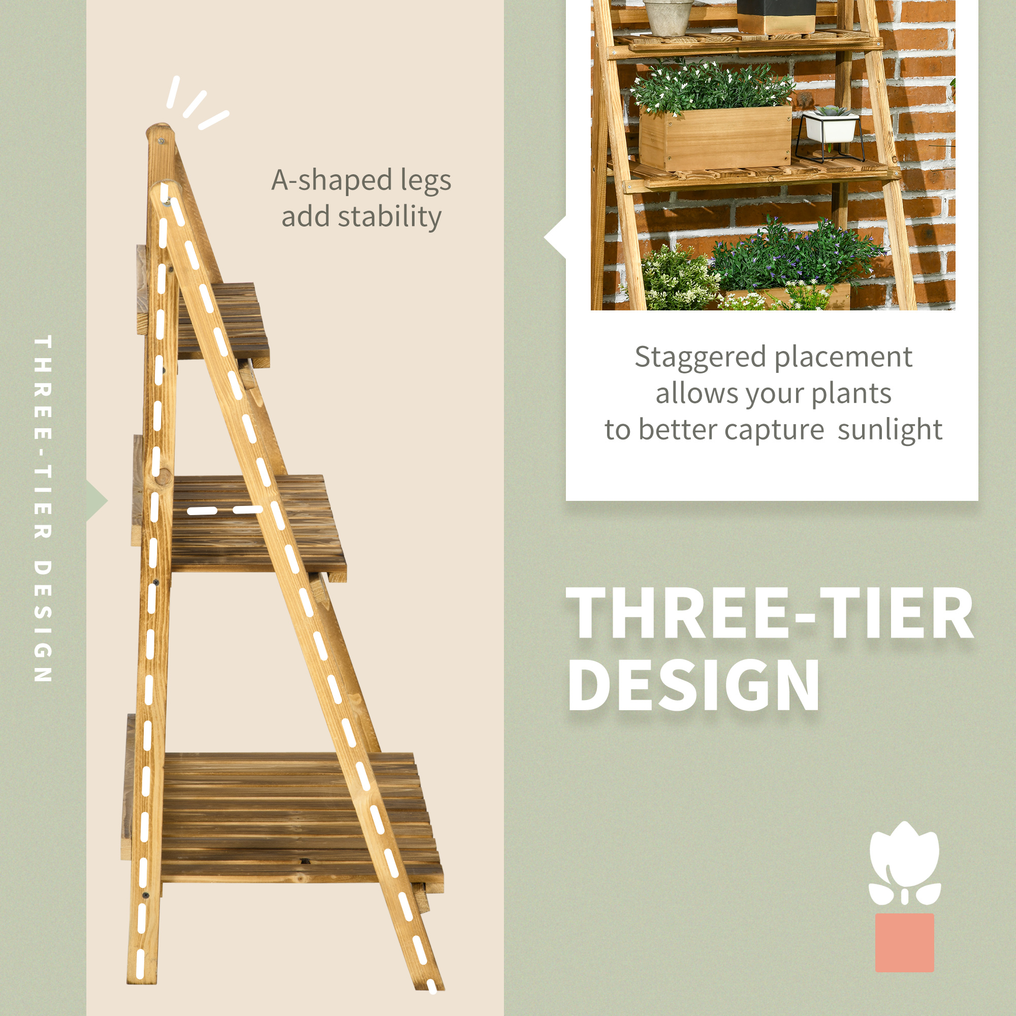  3-Tier Folding Plant Stand, 24" x 15" Wooden Indoor Plant Shelf Display Stand, for Corner Balcony Garden Patio