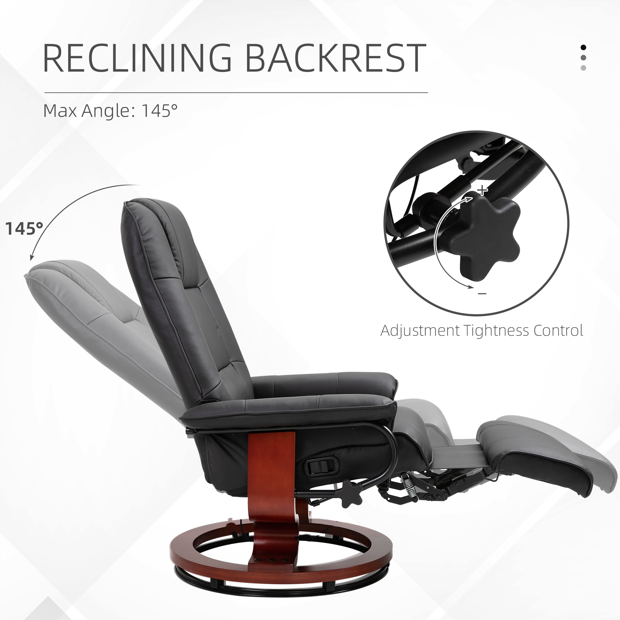 Faux Leather lounge chair with footrest and armrest, Manual Swivel Recliner for living room, Black image 3