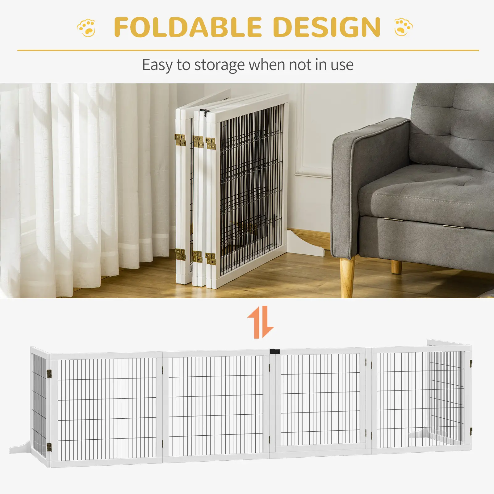 Wooden Pet Gate, 6-Panel Folding Dog Safety Barrier with Support Feet for Small & Medium Dogs, White