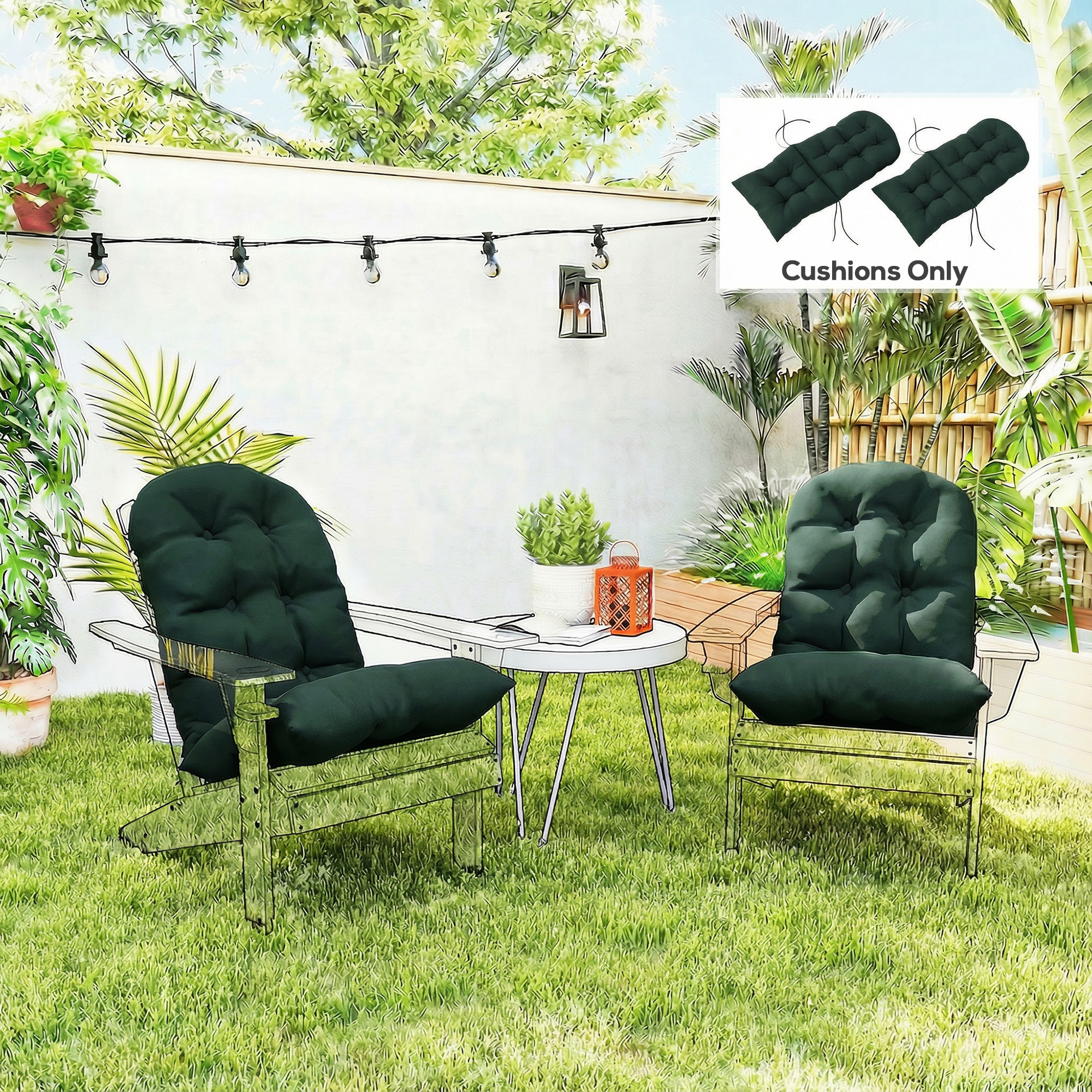  Outdoor Adirondack Chair Cushions Set of 2, Tufted High Back Patio Chair Cushions, Dark Green