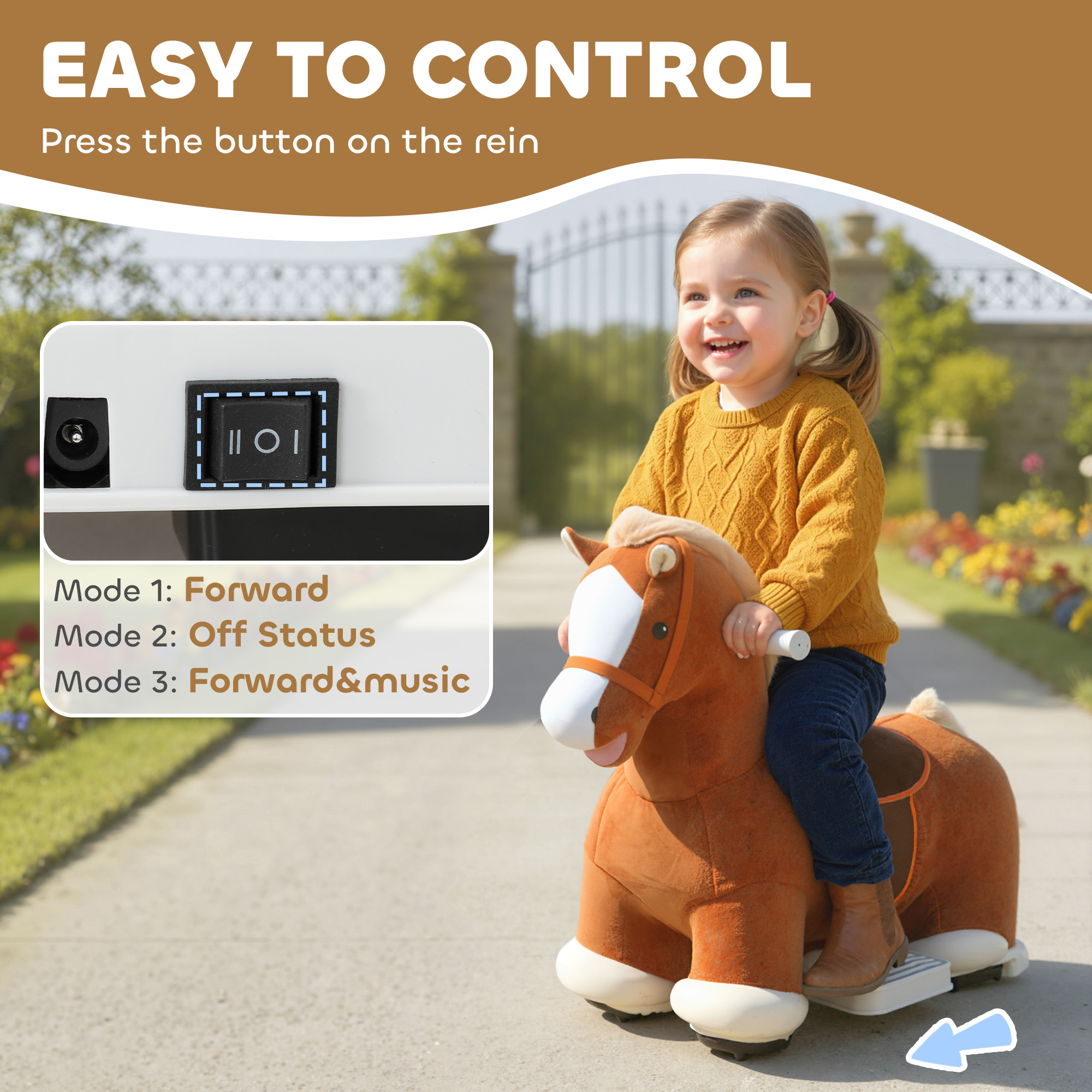 6V Battery Powered Ride on Horse with Music, Forward, Foot Pedal, Soft Touch, Washable Cover, for 1.5-5 Years Old