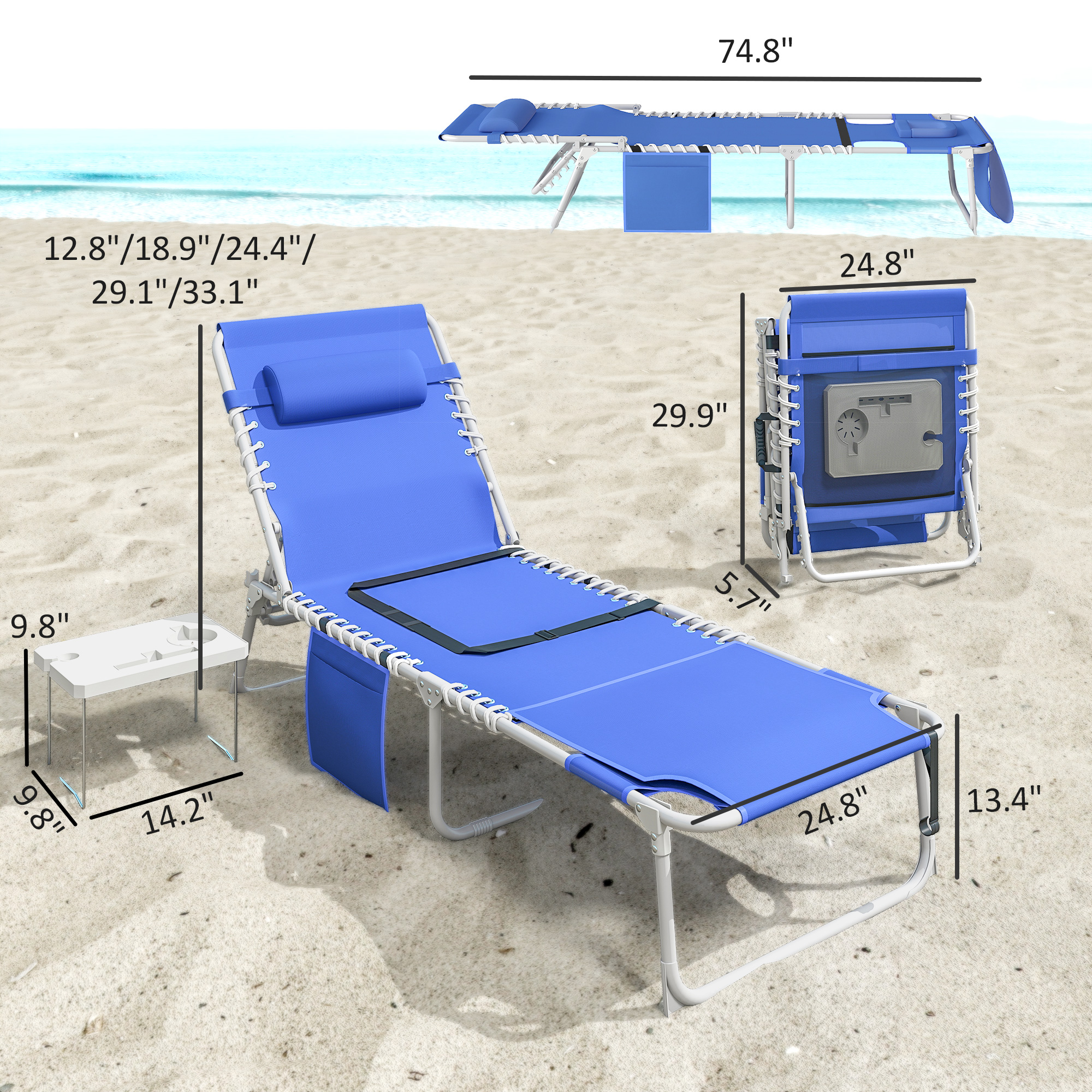  Tanning Chair with Face Hole and Side Table, 5-Position Folding Outdoor Chaise Lounge Chair, Navy Blue