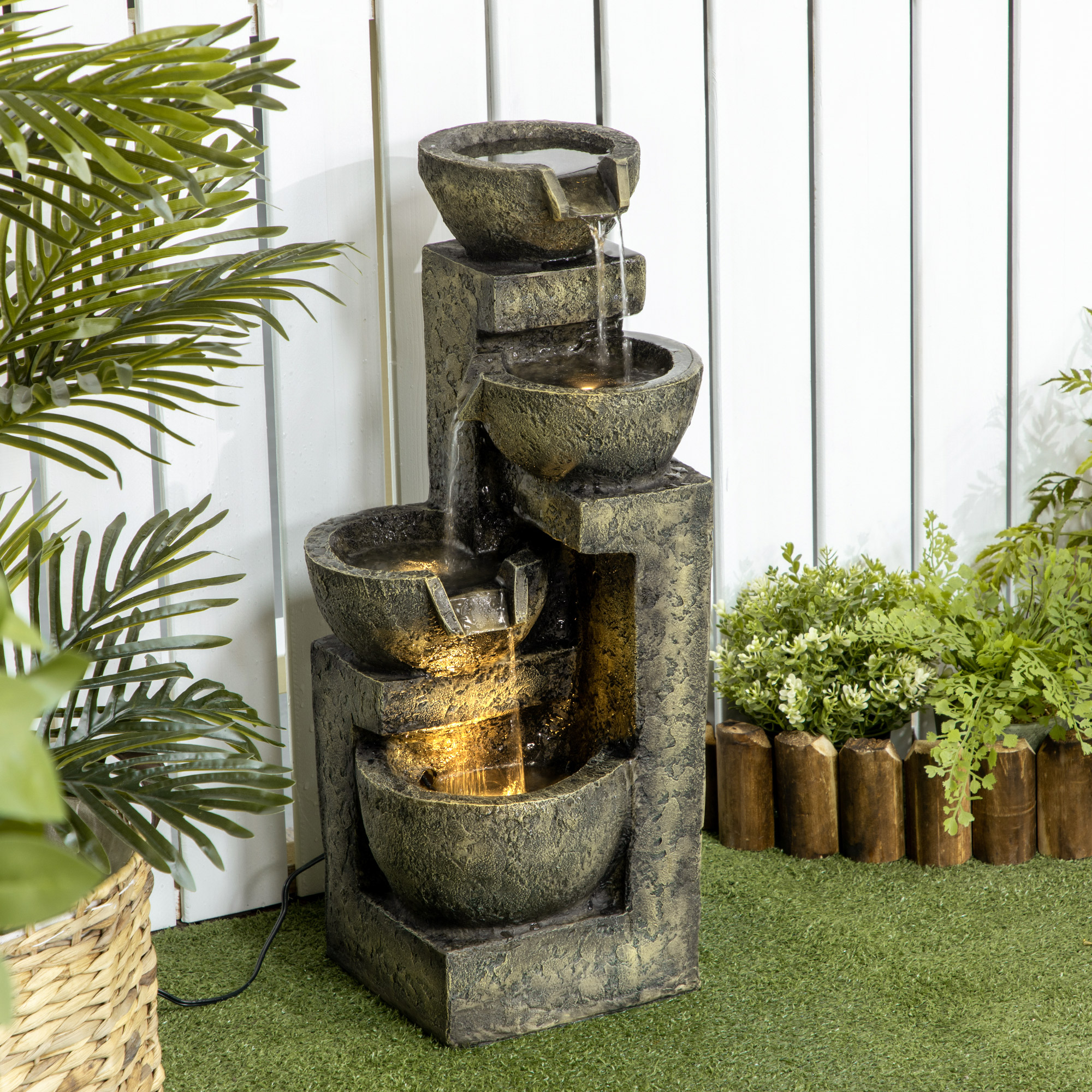  Small Outdoor Fountain with 4-Tier Stone Bowls, Adjustable Waterfall Flow & LED Lights, Perfect for Patio & Zen Garden, Gray