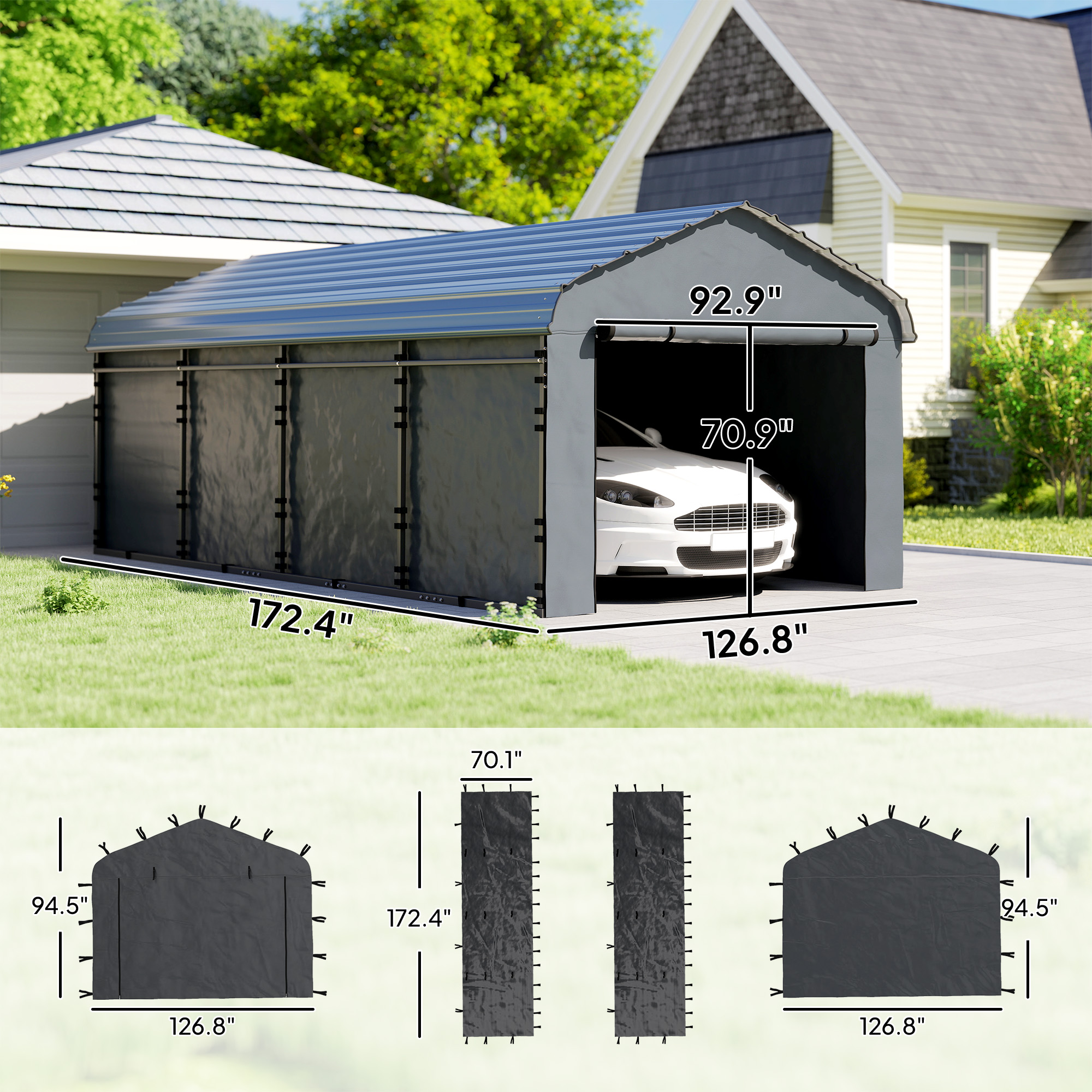  Carport Replacement Sidewall Panel for 10' x 15' Carports, UPF50+ Waterproof Replacement Side Wall Cover, Dark Gray