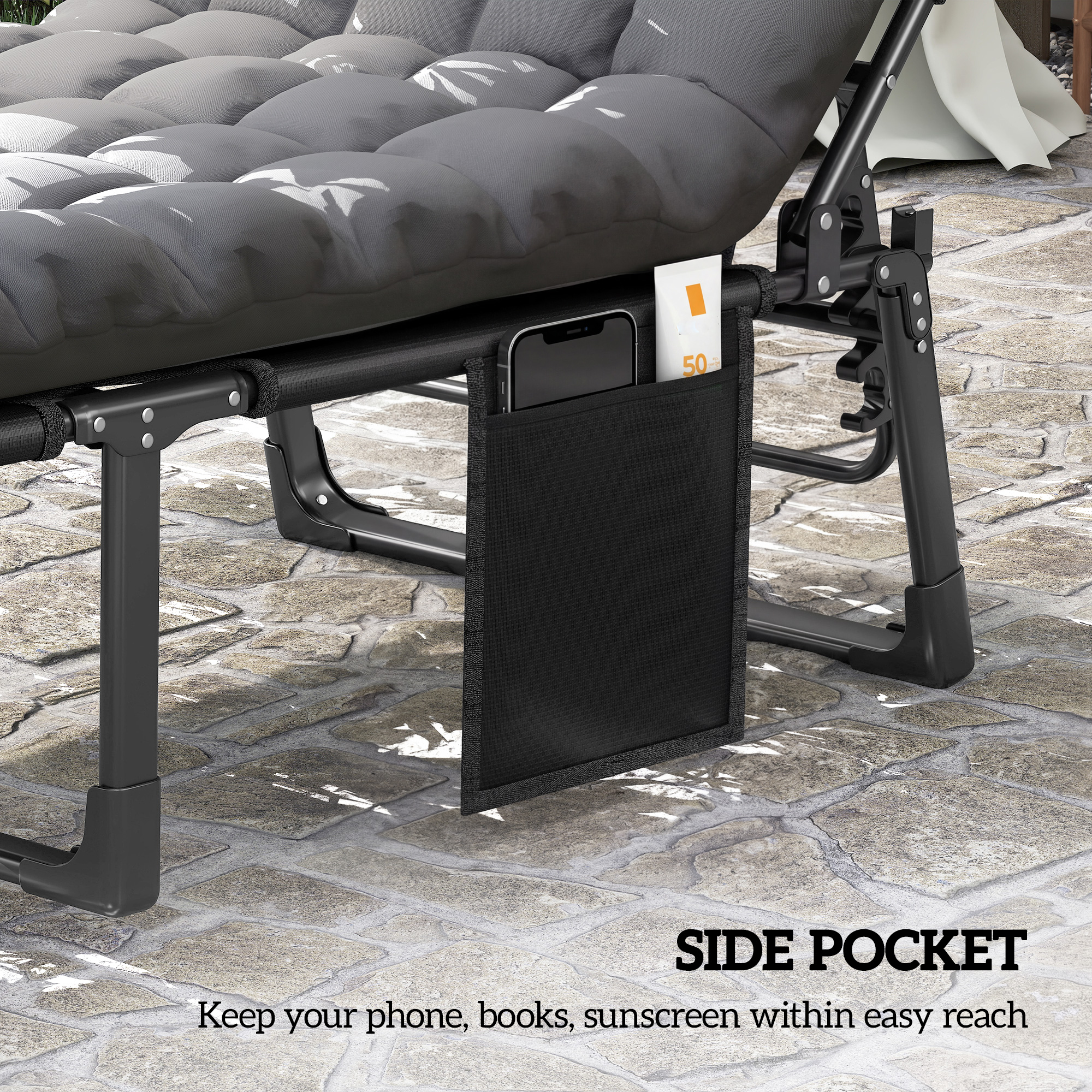  Folding Chaise Lounge Chair Outdoor Tanning Chair with 5-Position Backrest, Cushion, Side Pocket, Dark Gray