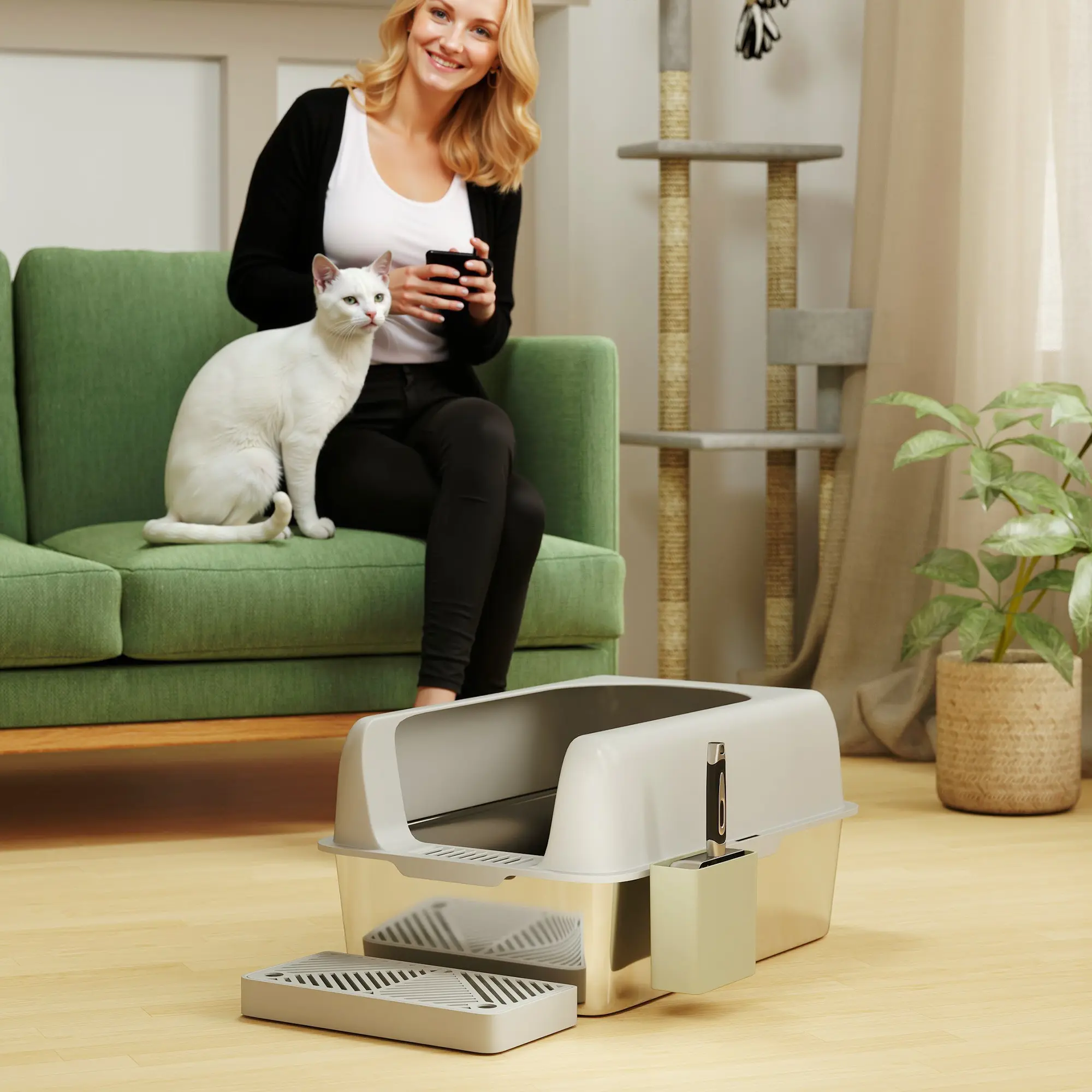 High Sided Stainless Steel Litter Box with Metal Scoop & Scoop Holder, for Easy Clean& Anti-Urine Leakage, Light Gray