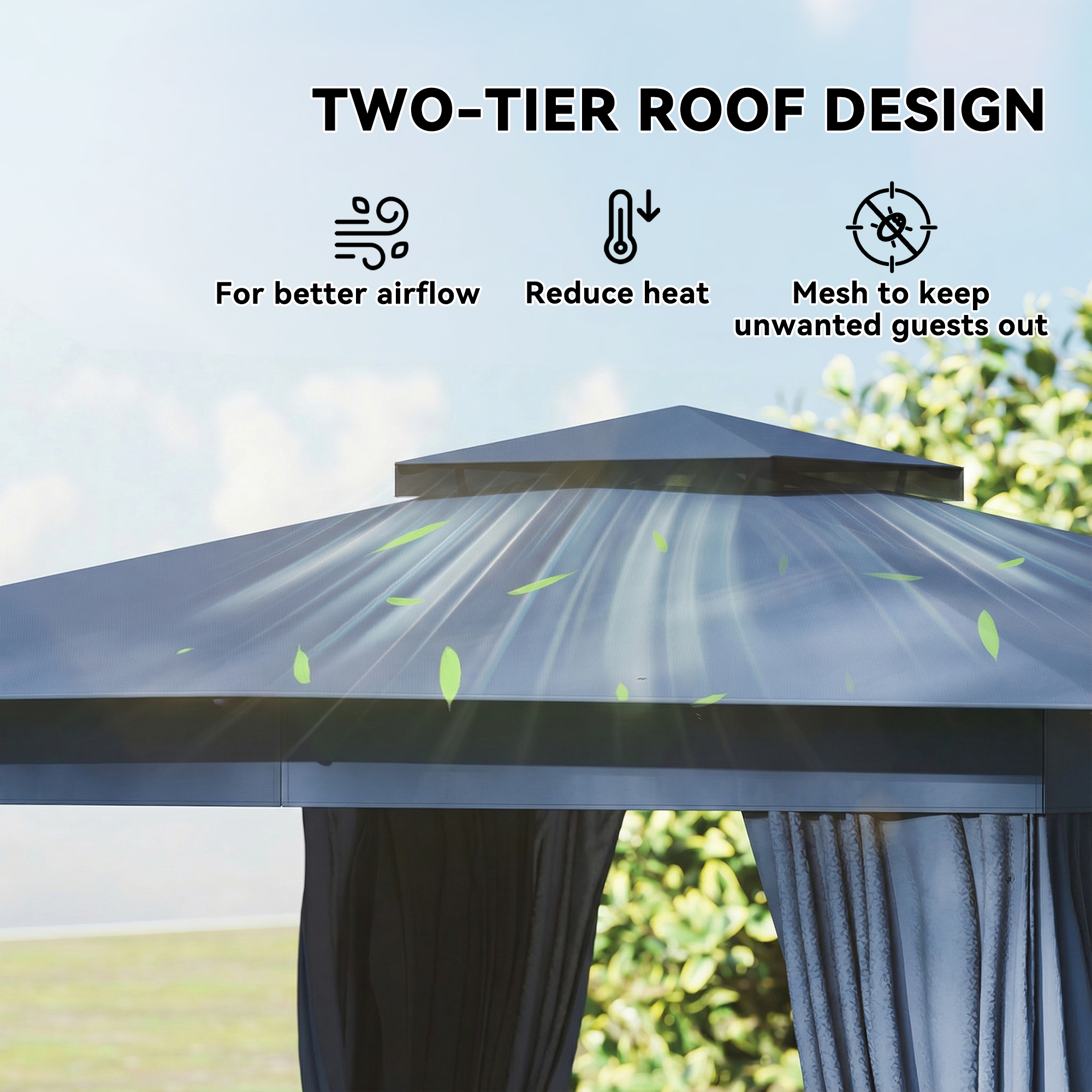  10' x 12' Outdoor Patio Gazebo, Soft Top Gazebo Canopy Shelter with Curtains, Netting, Steel Frame, Hooks, Blue