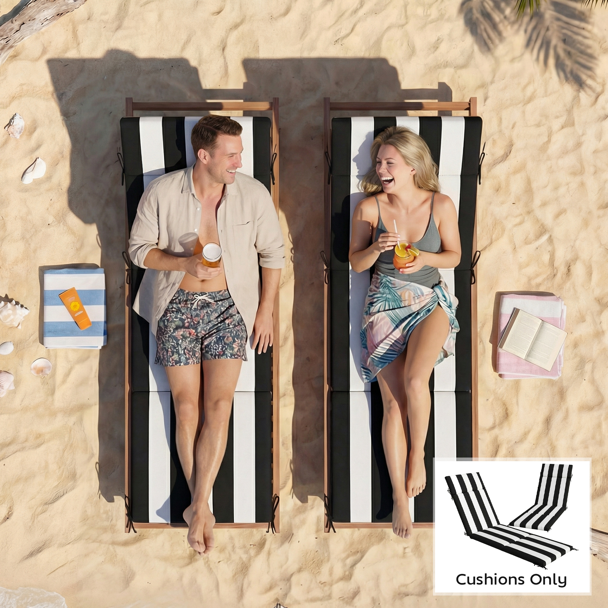  Outdoor Chaise Lounge Cushions Set of 2 with 6 Ties, High-Density Foam, for Patio and Poolside, Black and White