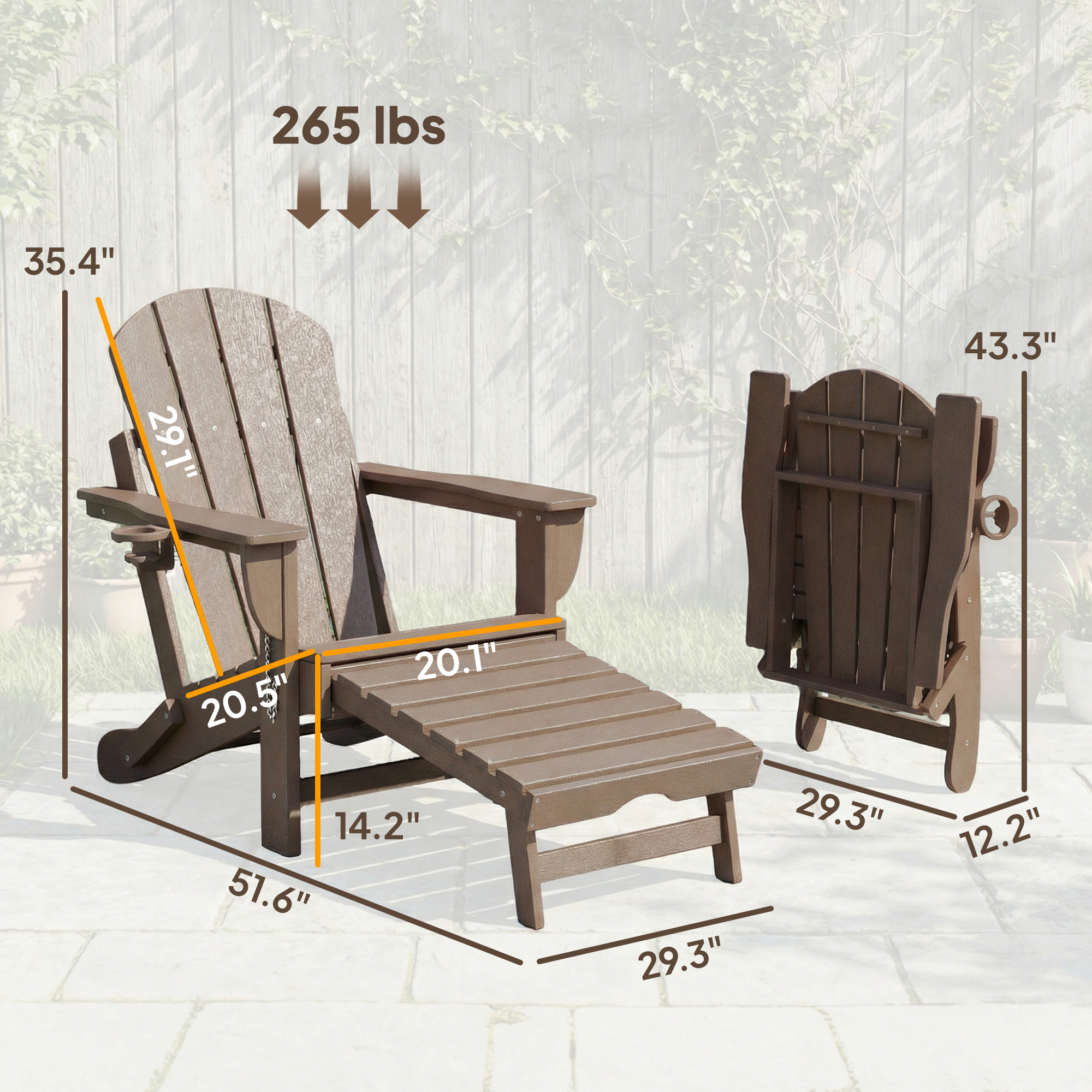  Folding Adirondack Chair Set of 2, HDPE Fire Pit Chair with Retractable Ottoman and Cup Holder, Brown