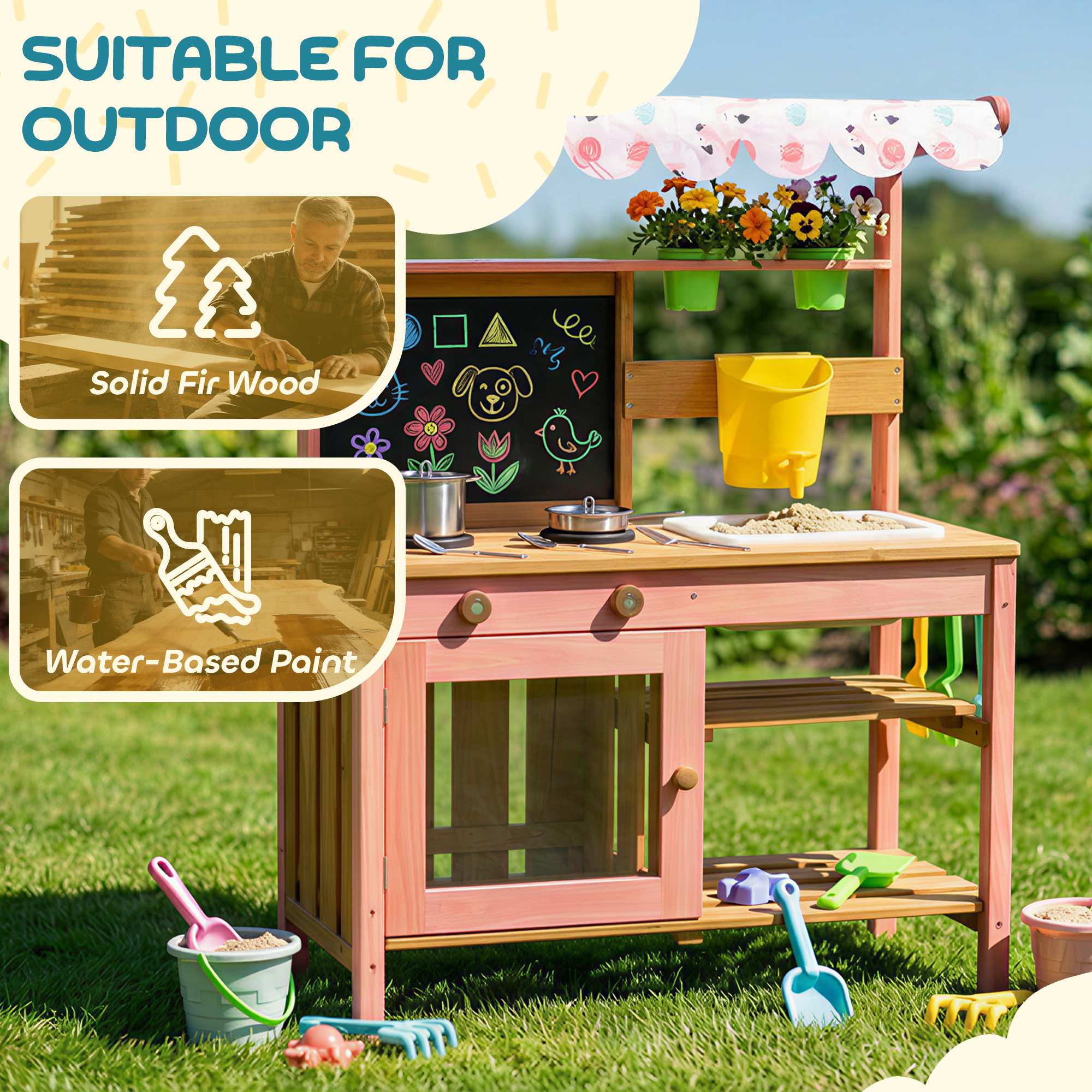 Kids Mud Kitchen with Canopy, Outdoor Wooden Play Kitchen with Planter Box, Accessories for Age 3-6, Pink