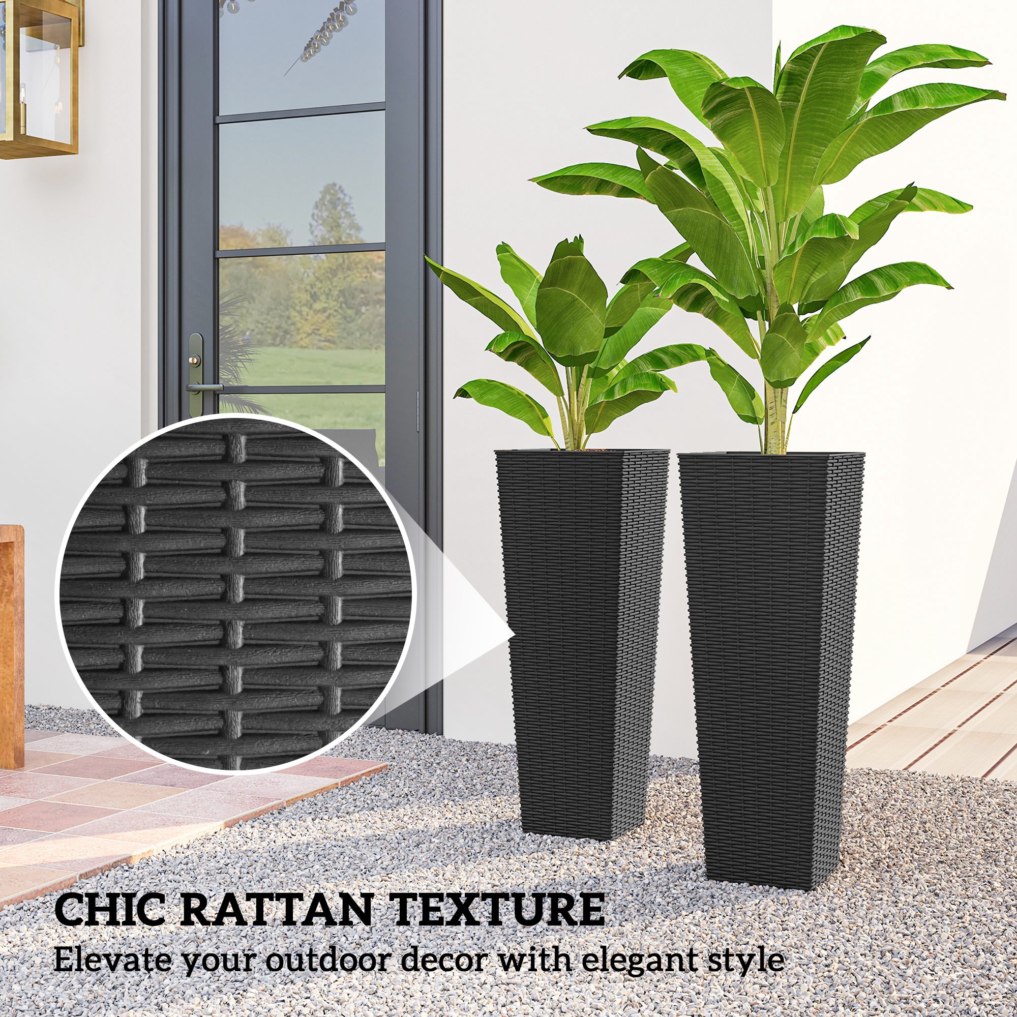  32 Inch Tall Planters for Outdoor Plants, Set of 2 Plastic Flower Pots with Drainage Holes, Black