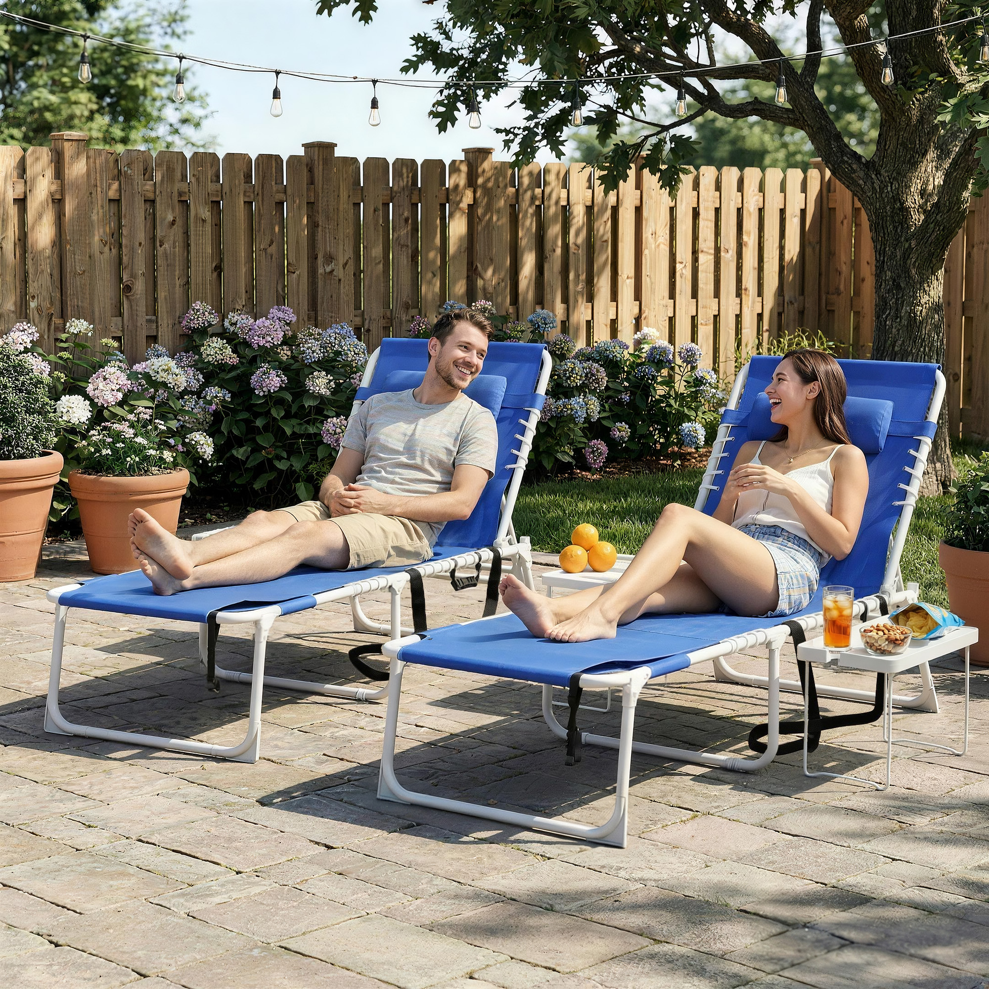  Tanning Chair Set of 2 with Face Hole and Side Table, 5-Position Folding Outdoor Chaise Lounge Chair, Navy Blue