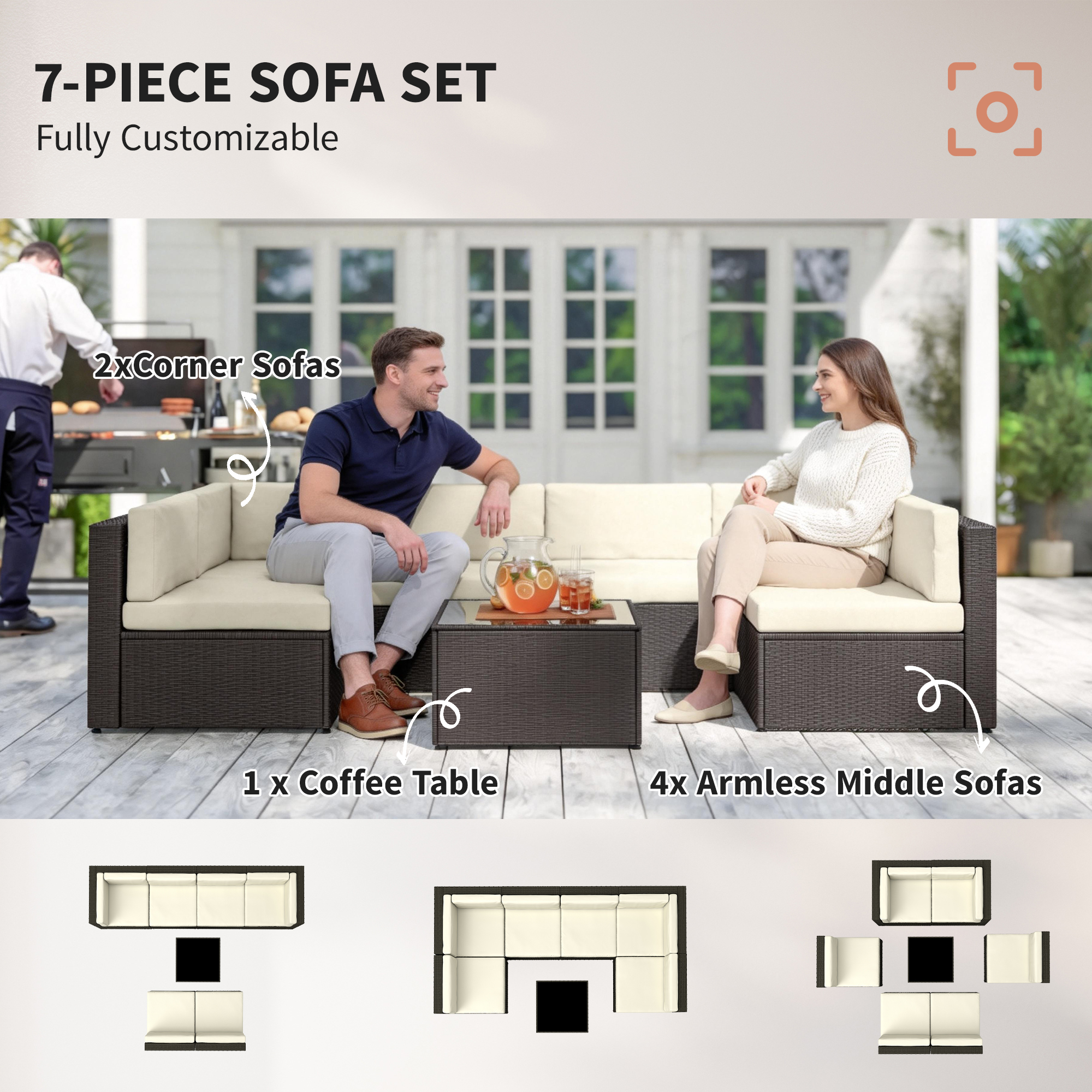  7 Piece Patio Furniture Set, All Weather PE Rattan Outdoor Furniture Conversation Sets with Glass Top Coffee Table