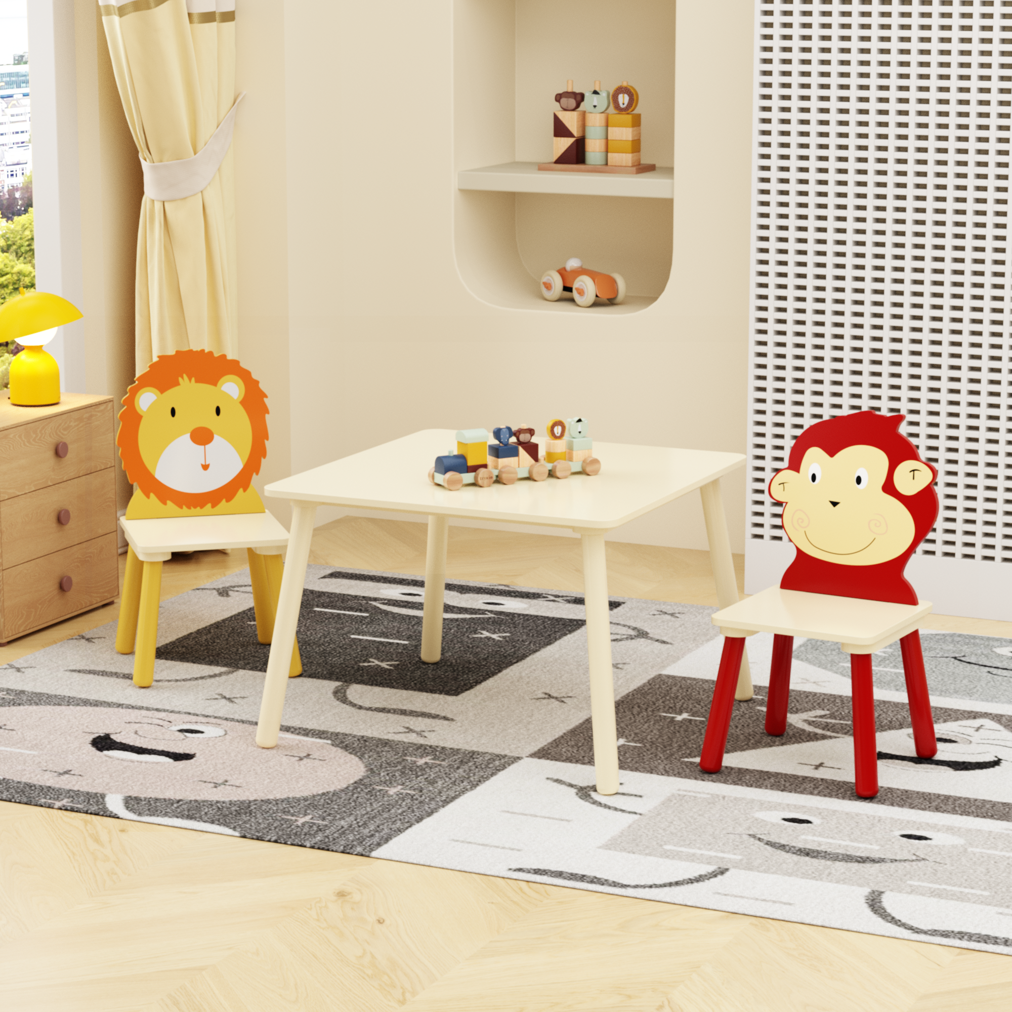 Kids Table And 2 Chairs Set, 3 Pieces Toddler Table And Chair Set, Wooden Activity Play Table Set Lion&Monkey - Image 1