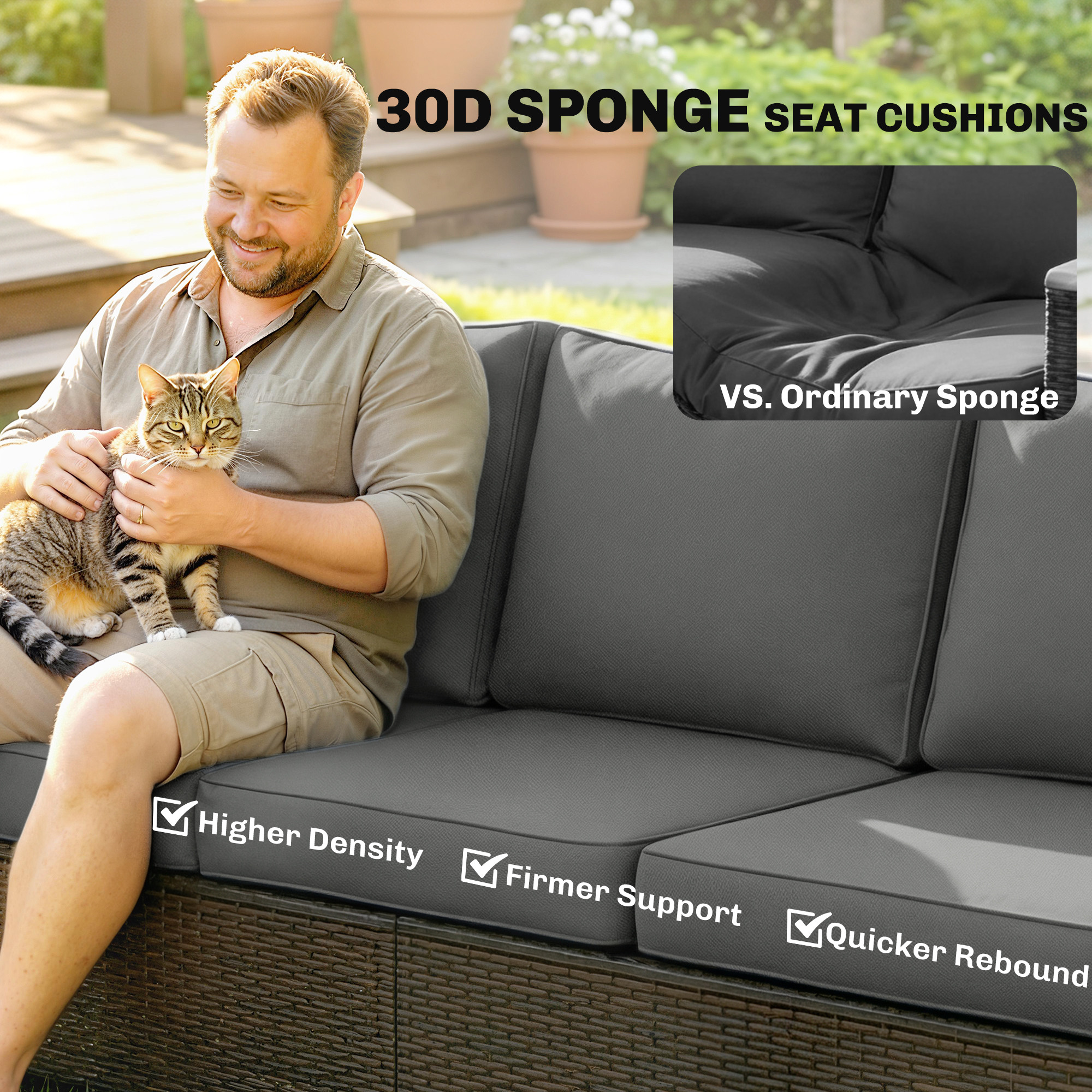  3 Seater Outdoor Couch Sofa, PE Wicker Patio Sofa, Wide Deep Seat, 4" Cushions, Wood-Effect Armrests Legs, Gray