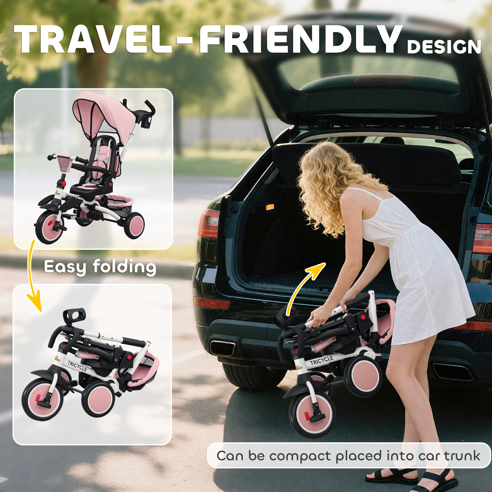 6 in 1 Kids Tricycle with Adjustable Push Handle, Removable Canopy, Reversible Seat, for 1-5 Years, Pink