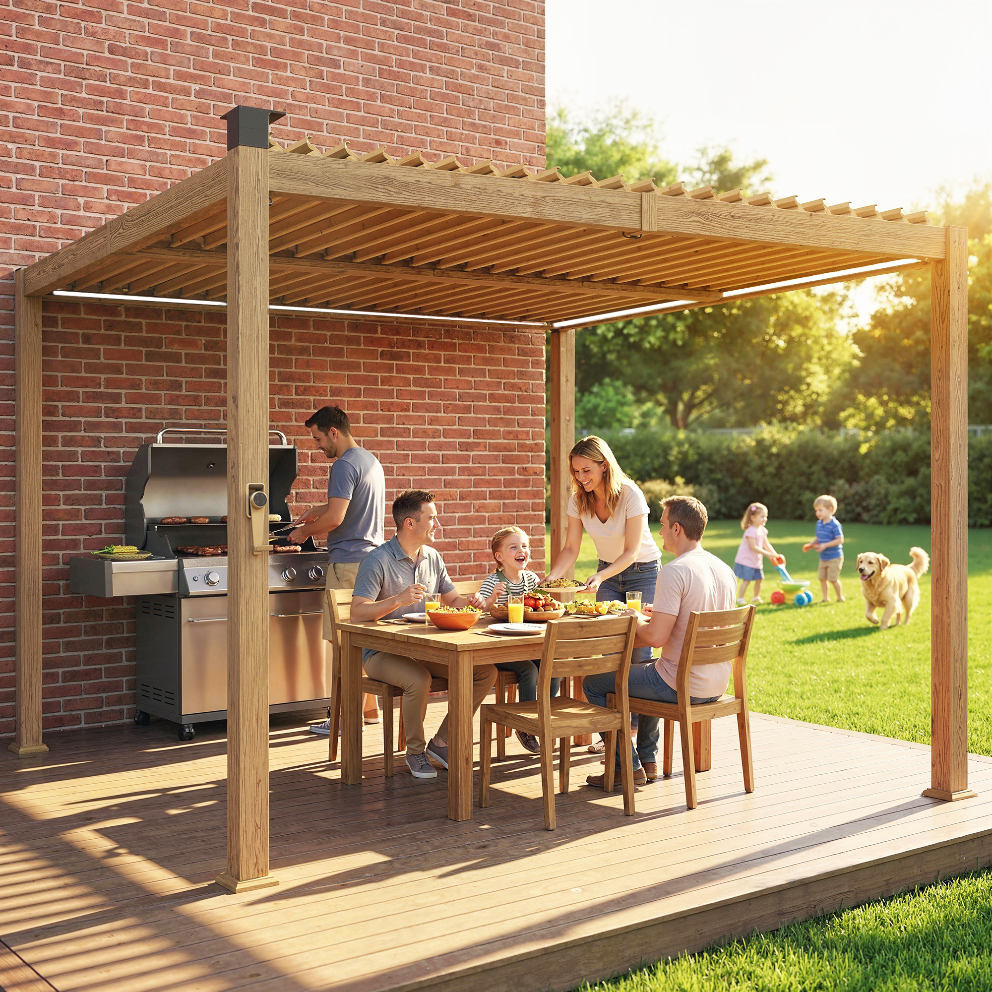  10' x 10' Louvered Pergola with Solar LED lights, Metal Roof, Outdoor Pergola Patio Gazebo with Drainage Gutters, Brown