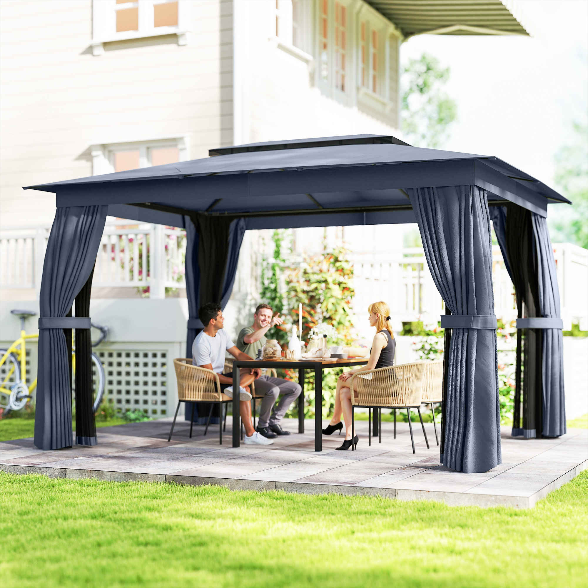  10' x 12' Outdoor Patio Gazebo, Soft Top Gazebo Canopy Shelter with Curtains, Netting, Steel Frame, Hooks, Blue