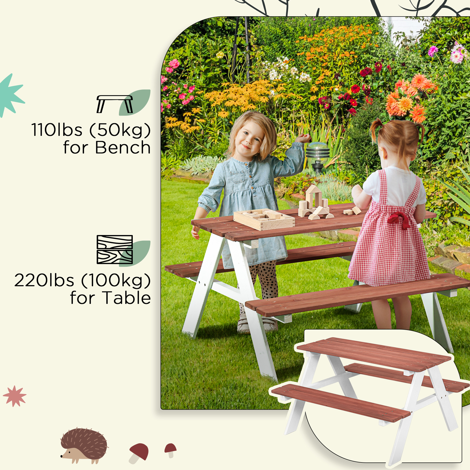 Kids Picnic Table Set, Wooden Table & Bench Set, Kids Patio Furniture Outdoor Toys for Garden, Backyard, Aged 3-8 Years Old, Brown