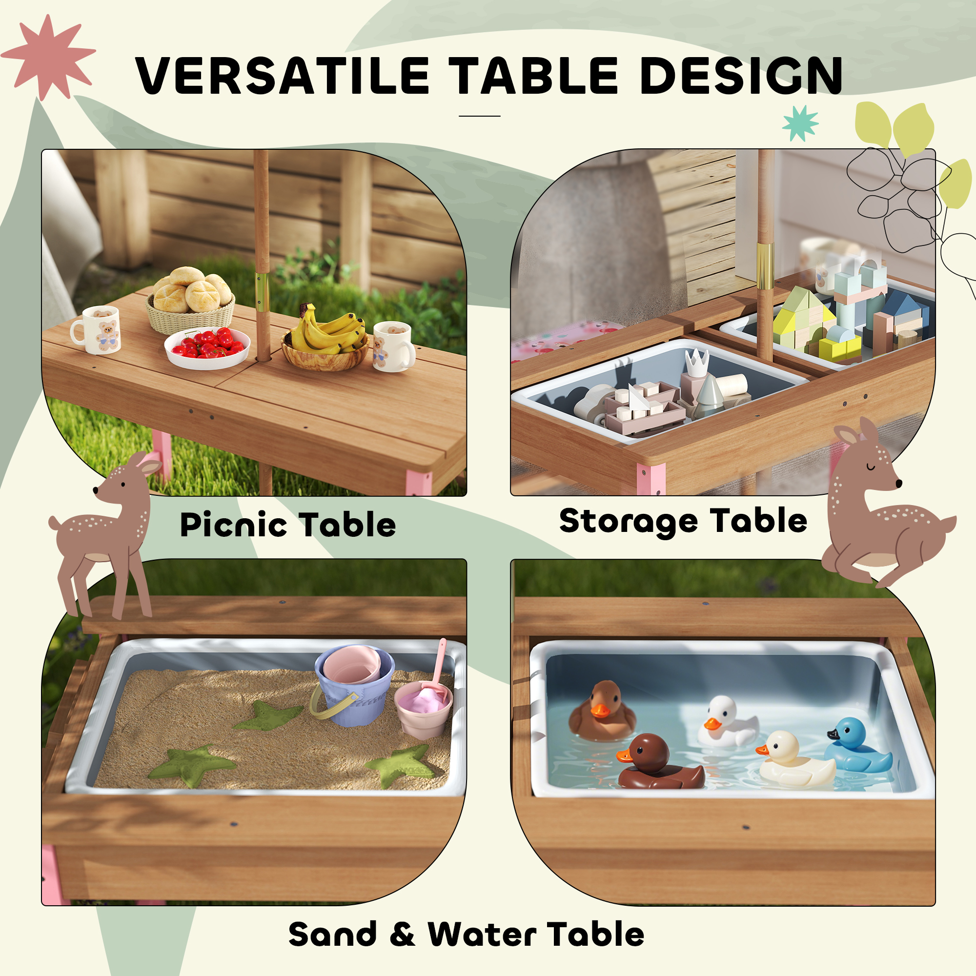 Kids Picnic Table Set with Foldable Umbrella, Removable Cushions & Boxes, Flamingo Theme, Pink