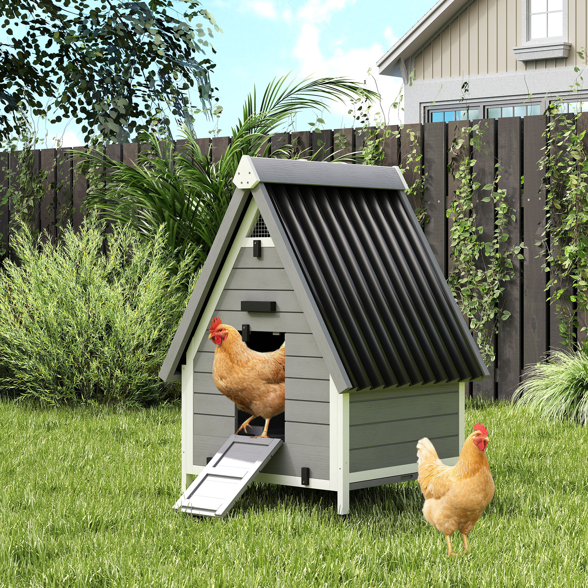 บ้านไก่ไม้กลางแจ้ง สำหรับ 2 ตัว มีกล่องไข่ถอดได้ ราวนอน และรางเลื่อน สะดวกสบาย ปลอดภัยสำหรับสัตว์เลี้ยงของคุณ