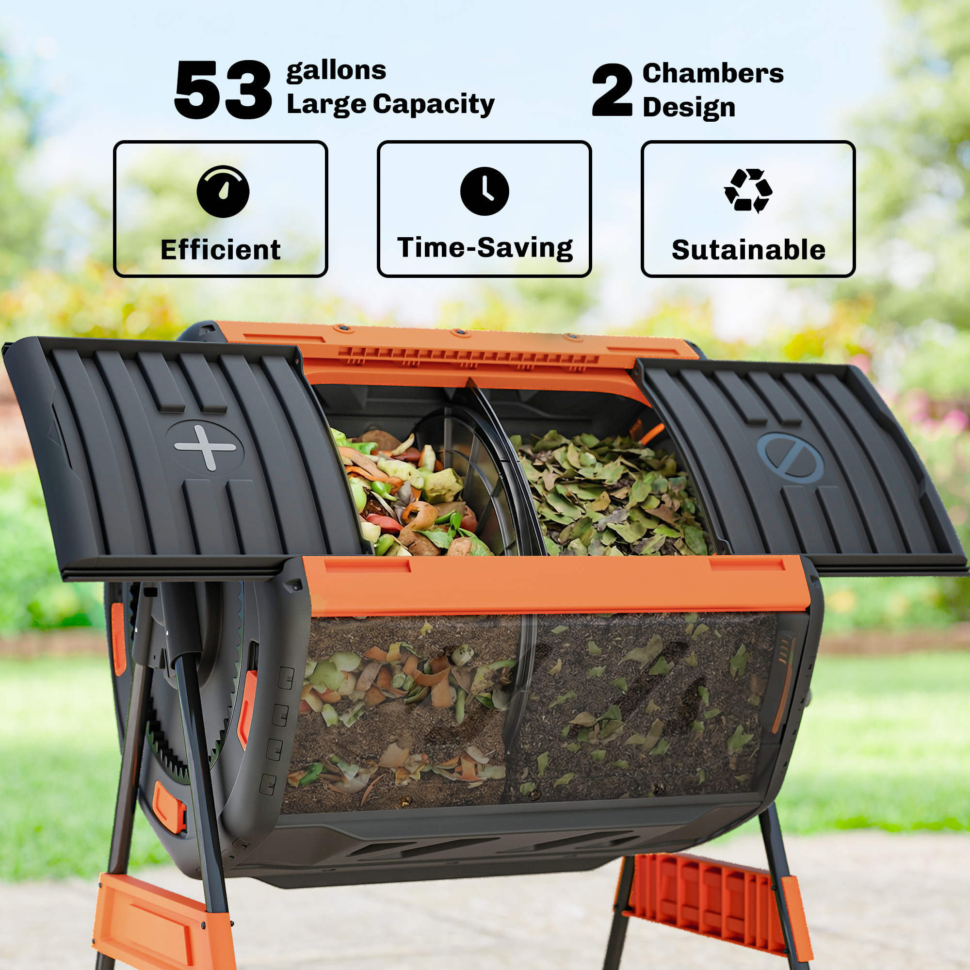  Compost Bin Outdoor, 53 Gal Dual Chamber Tumbling Composter with Adjustable Vents, BPA Free Tumbling Composter, Orange