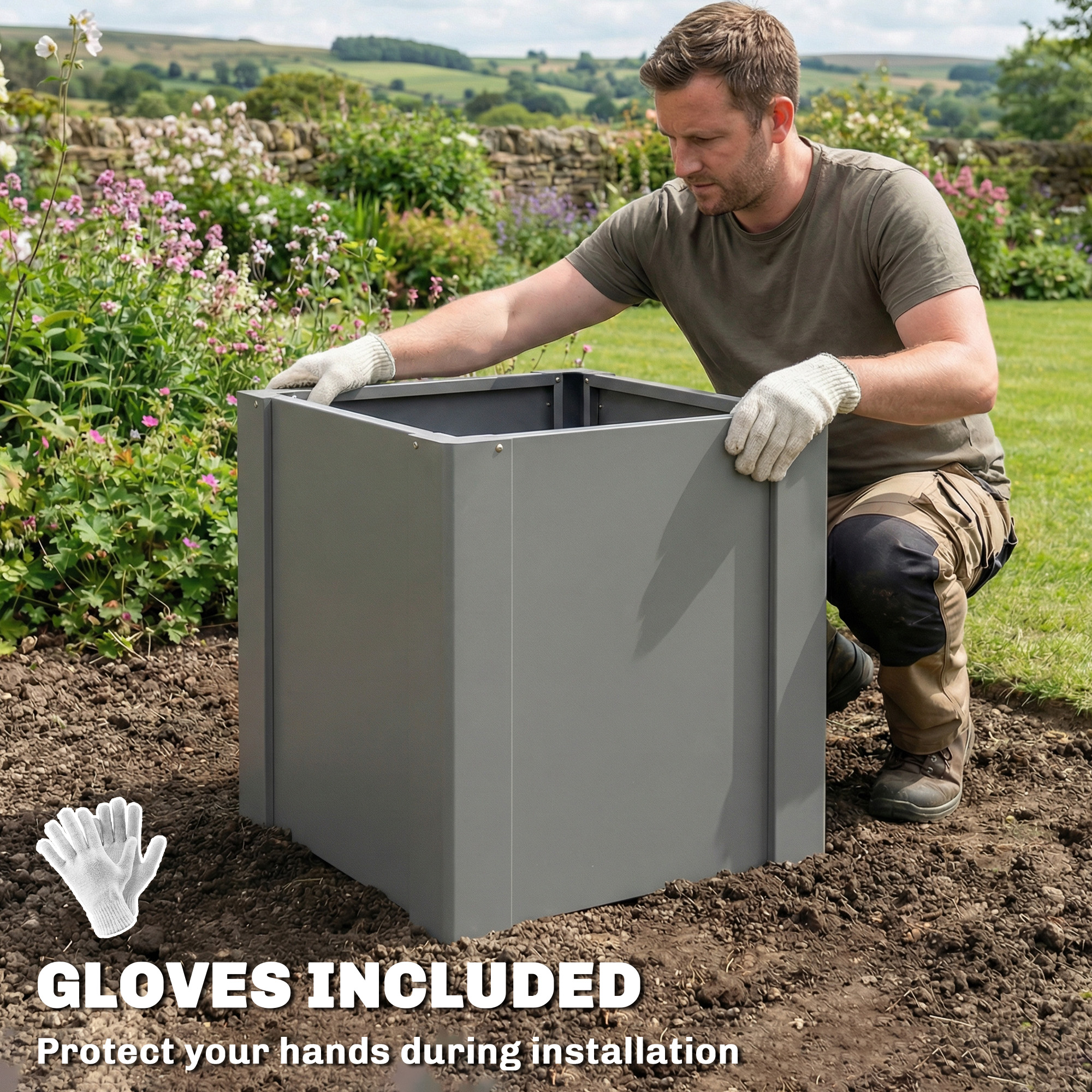  Raised Garden Bed Galvanized Planter Box Outdoor with Gloves for Gardening Vegetables, Flower, Herb, 1.4 x 1.4 x 1.5 ft, Gray