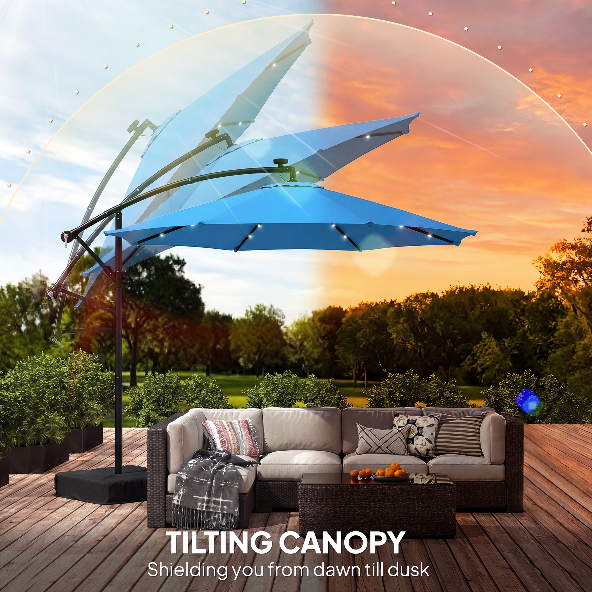 10 ft Cantilever Patio Umbrella with Light, Weight, Offset Hanging Outdoor Umbrella with Protective Cover, Lake Blue