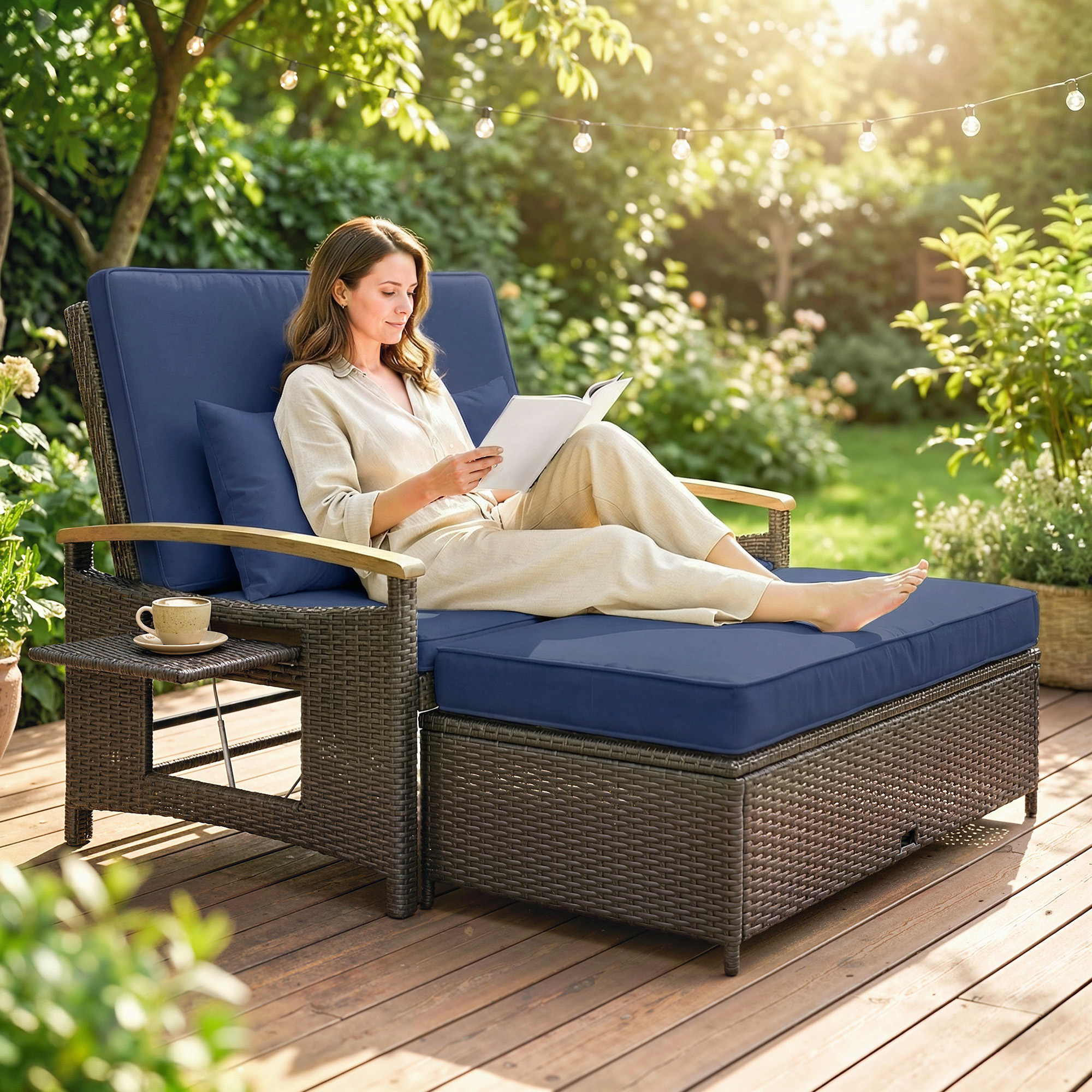  Rattan Outdoor Daybed w/4-Level Adjustable Backrest, Patio Sofa Bed w/Storage Ottoman, Acacia Wood Armrest, Navy Blue