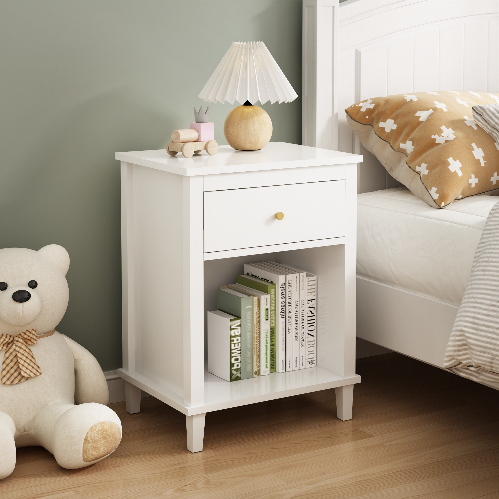 26.77H Wooden Nightstand With One Drawer One Shelf For Kids, Adults, White-Golden Handle