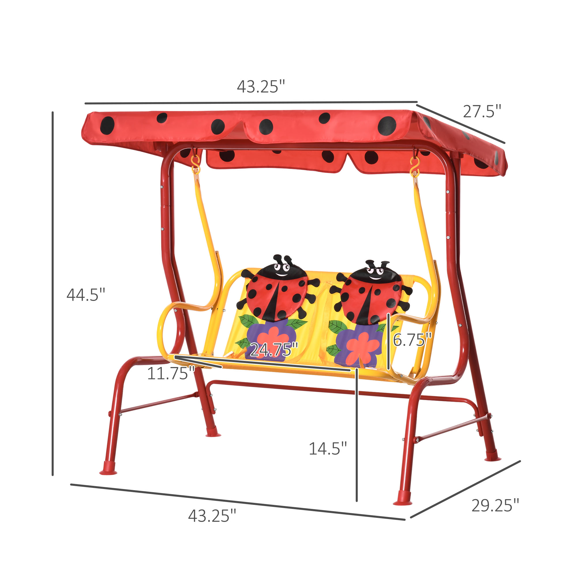  Porch Swing for Kids with Adjustable Canopy to Block Sun at Angles, Kids Swing Chair with Seatbelts, Ladybug Pattern, Gift for Kids Ages 3-6, Red