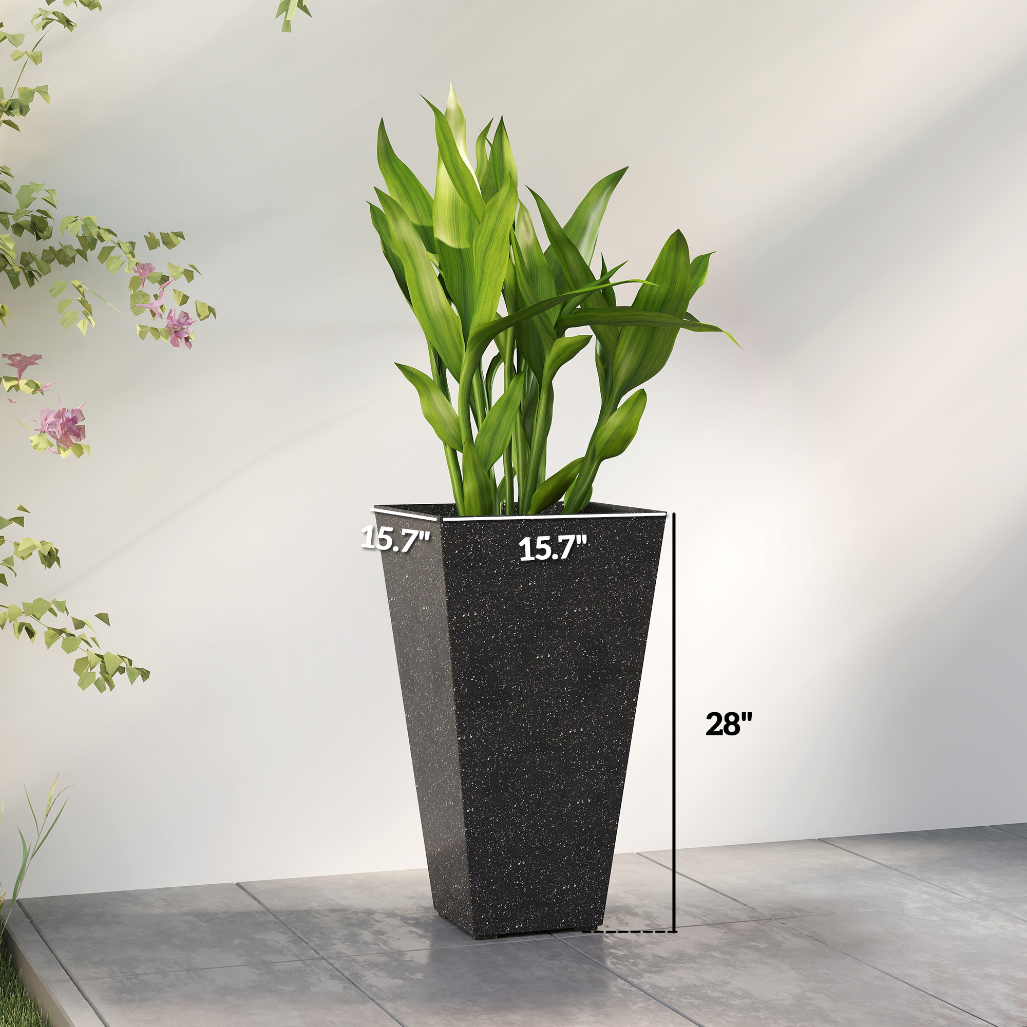  28" Tall Planters, Set of 3 Plastic Flower Pots with Marble Finish and Drainage Holes, Stackable Taper Planters, Black