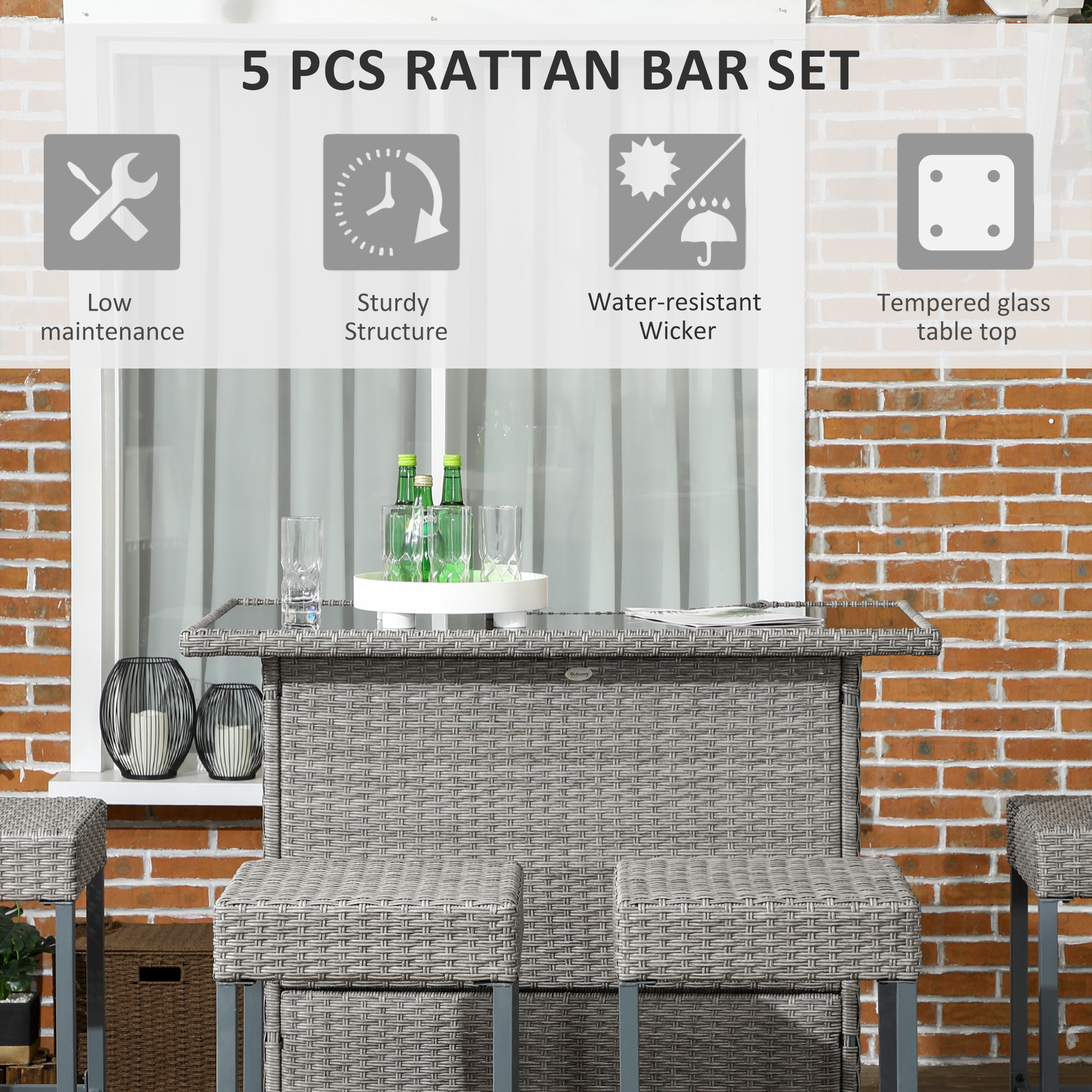  5 Piece Rattan Wicker Bar Set, High Top Outdoor Table and Chairs, Bar Height Patio Set, 2 Shelves & 4 Bar Stools, Gray