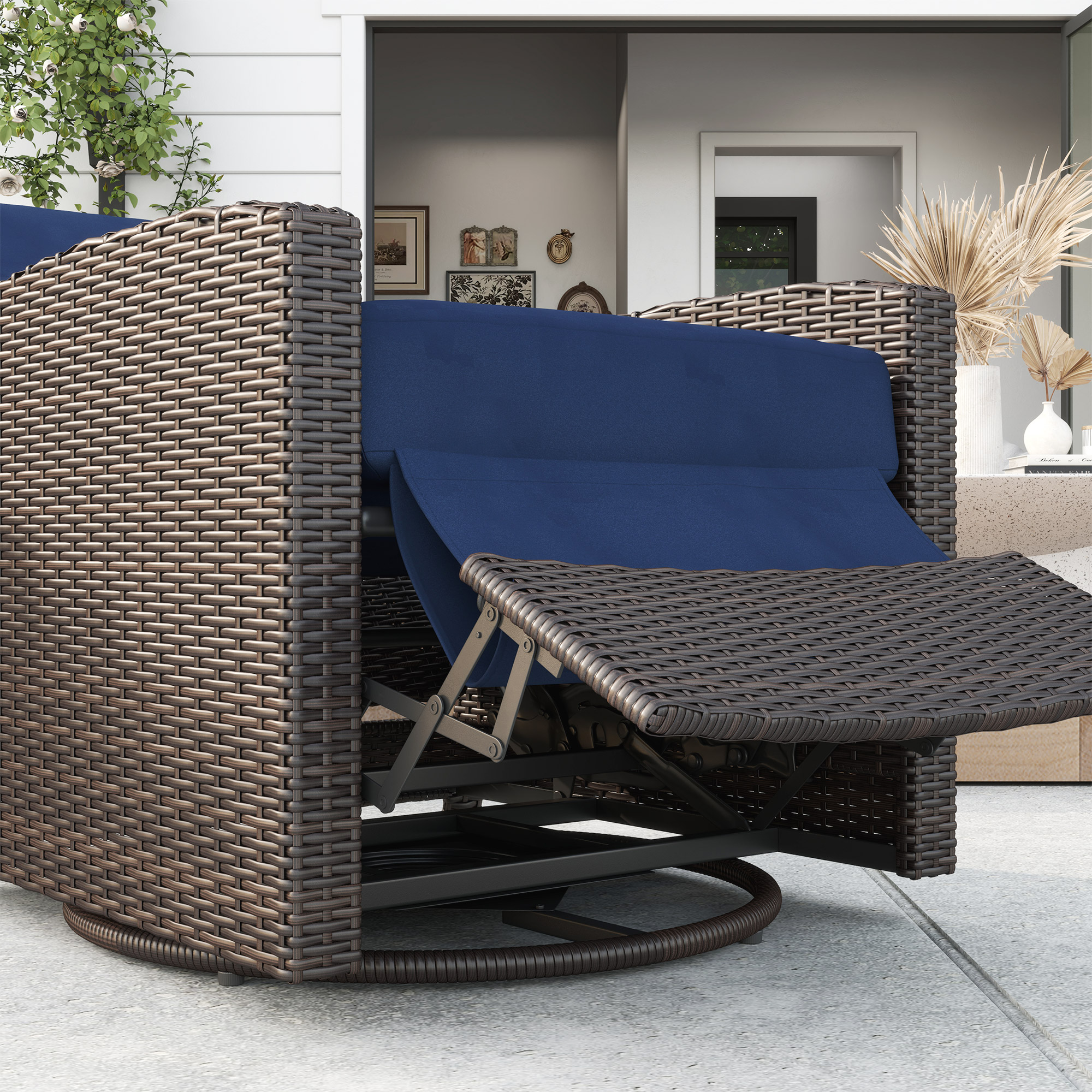  Outdoor Wicker Swivel Recliner Chair, Reclining Backrest, Lifting Footrest, 360° Rotating Basic, Water Resistant Cushions for Patio, Dark Blue