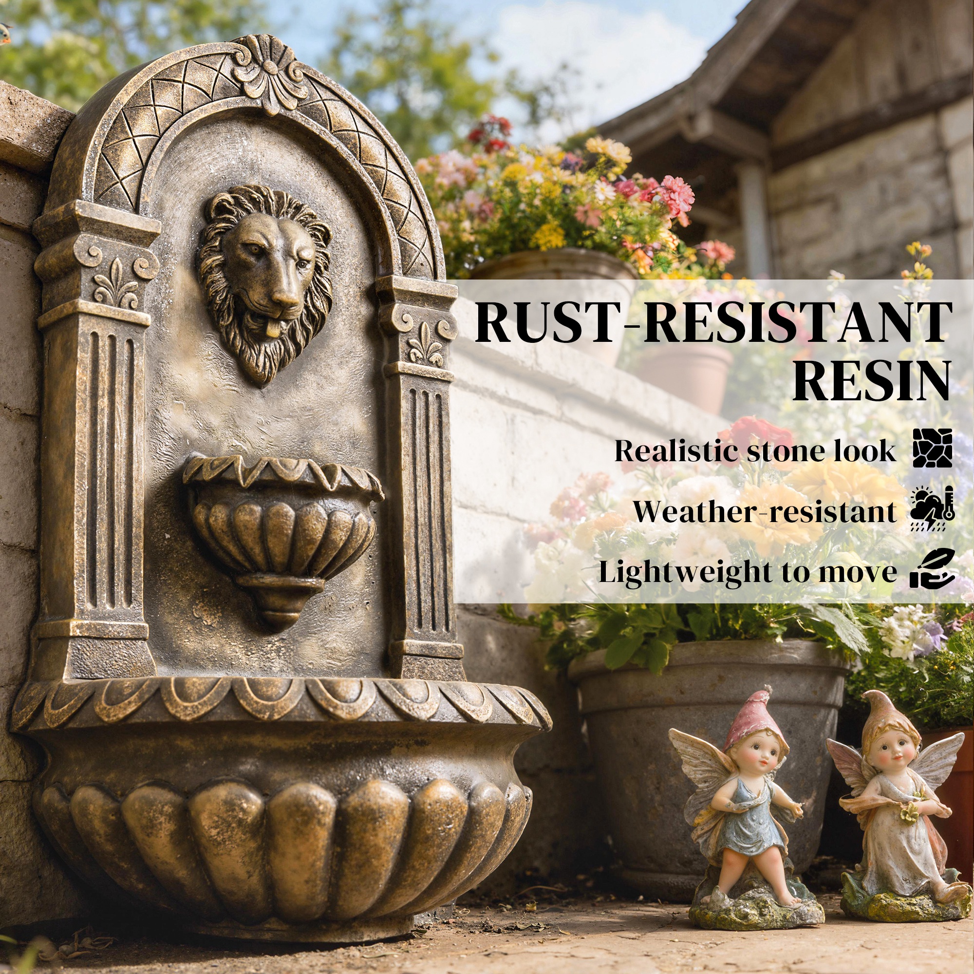  31" Wall-Mounted Outdoor Fountain, 3-Tier Cascading Waterfall Feature with LED Lights and Adjustable Flow, Bronze