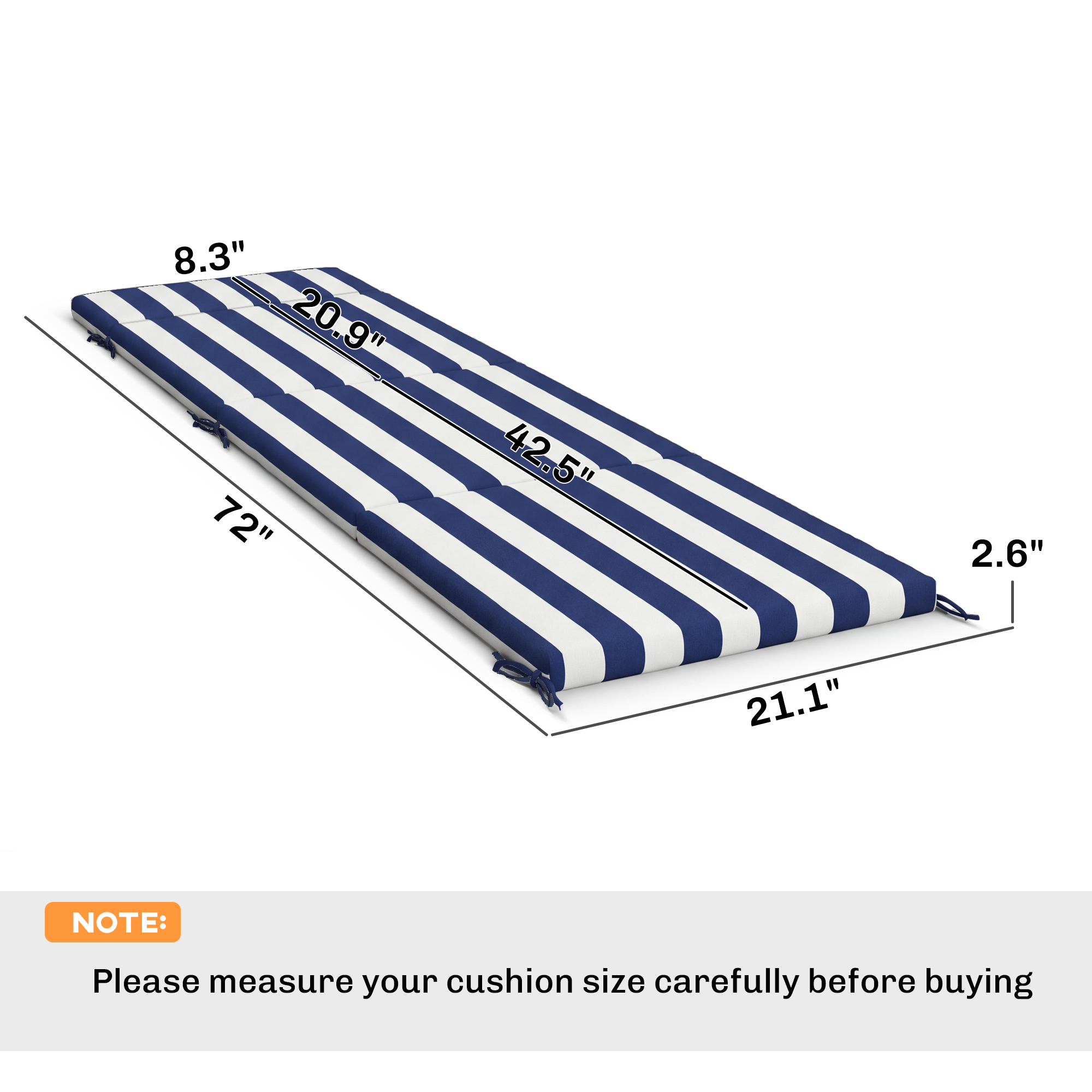  Outdoor Chaise Lounge Cushions Set of 2 with 6 Ties, High-Density Foam, for Patio and Poolside, Dark Blue and White