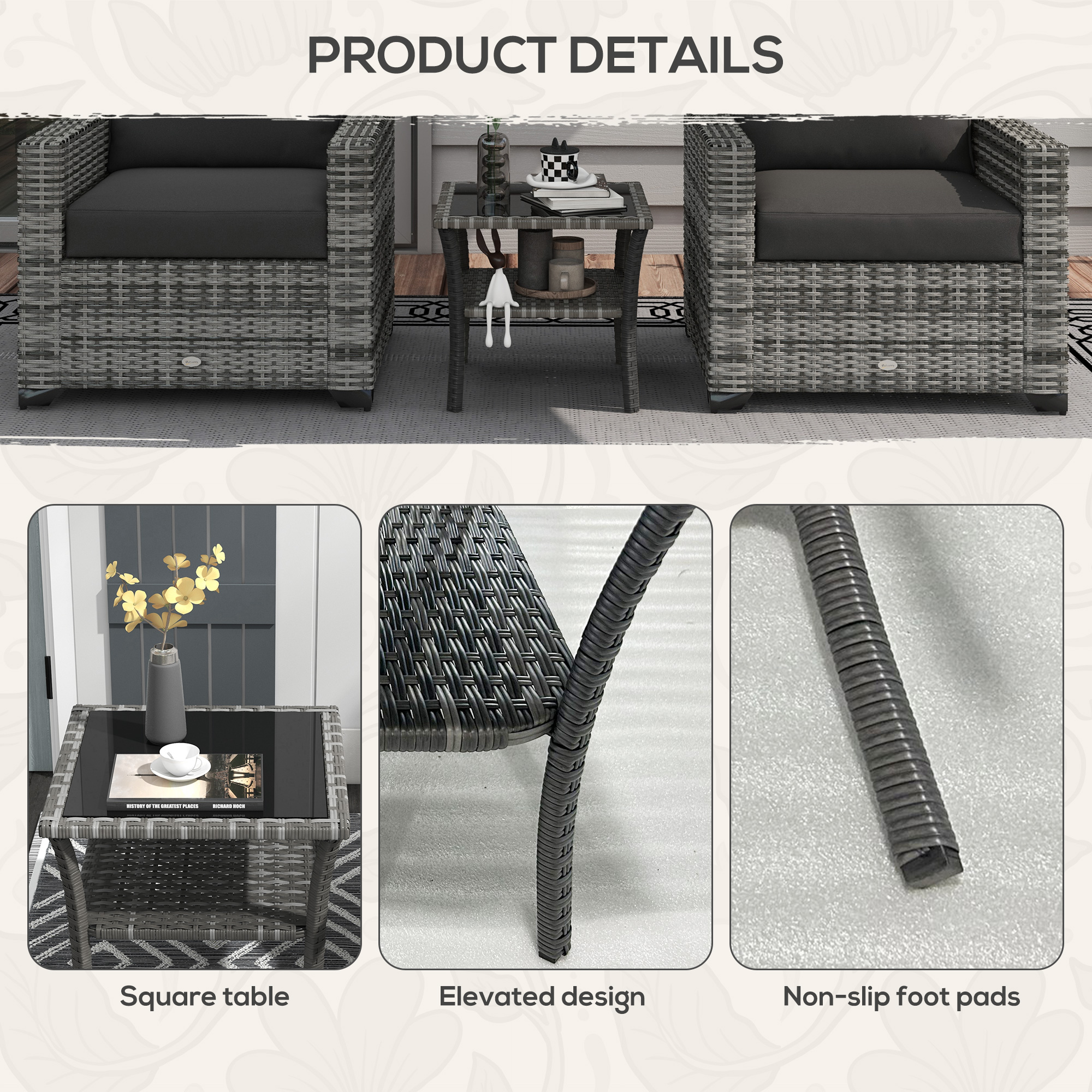  Rattan Side Table, Outdoor End Table with Storage Shelf, Aluminum Frame Square, Coffee Table with Tempered Glass Top, Mixed Gray