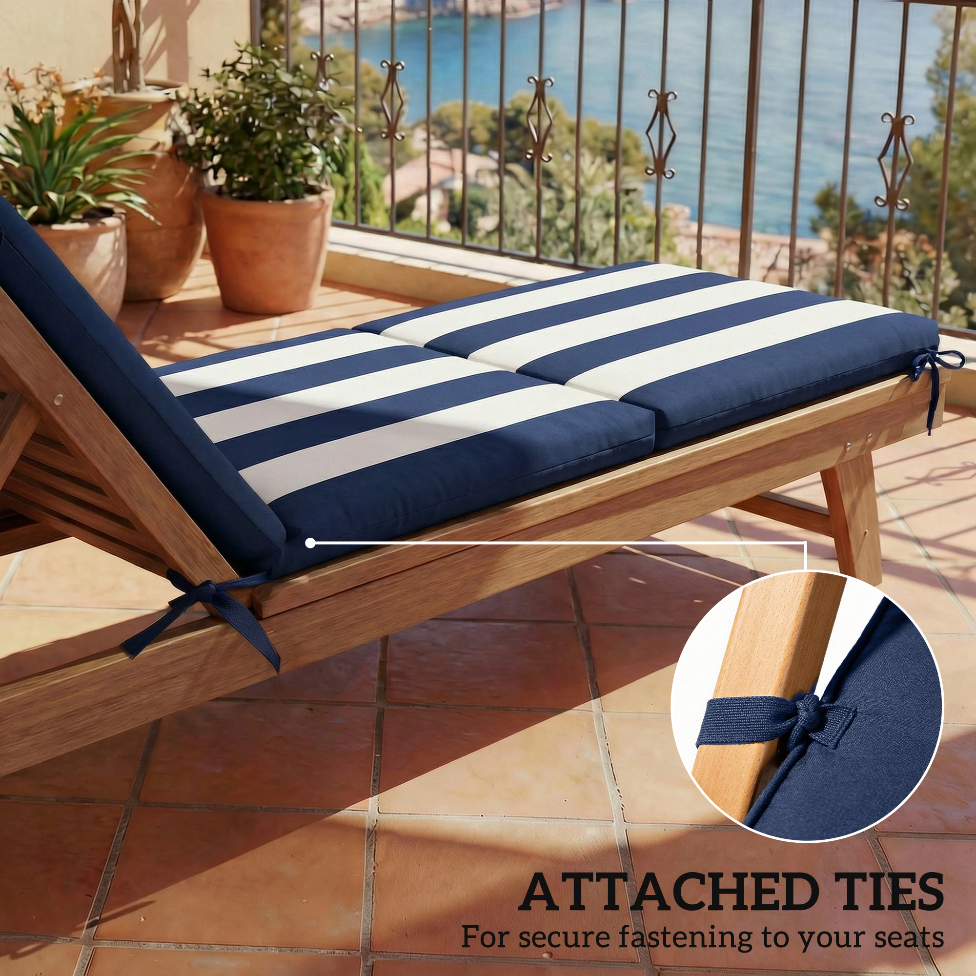  Outdoor Chaise Lounge Cushions Set of 2 with 6 Ties, High-Density Foam, for Patio and Poolside, Dark Blue and White