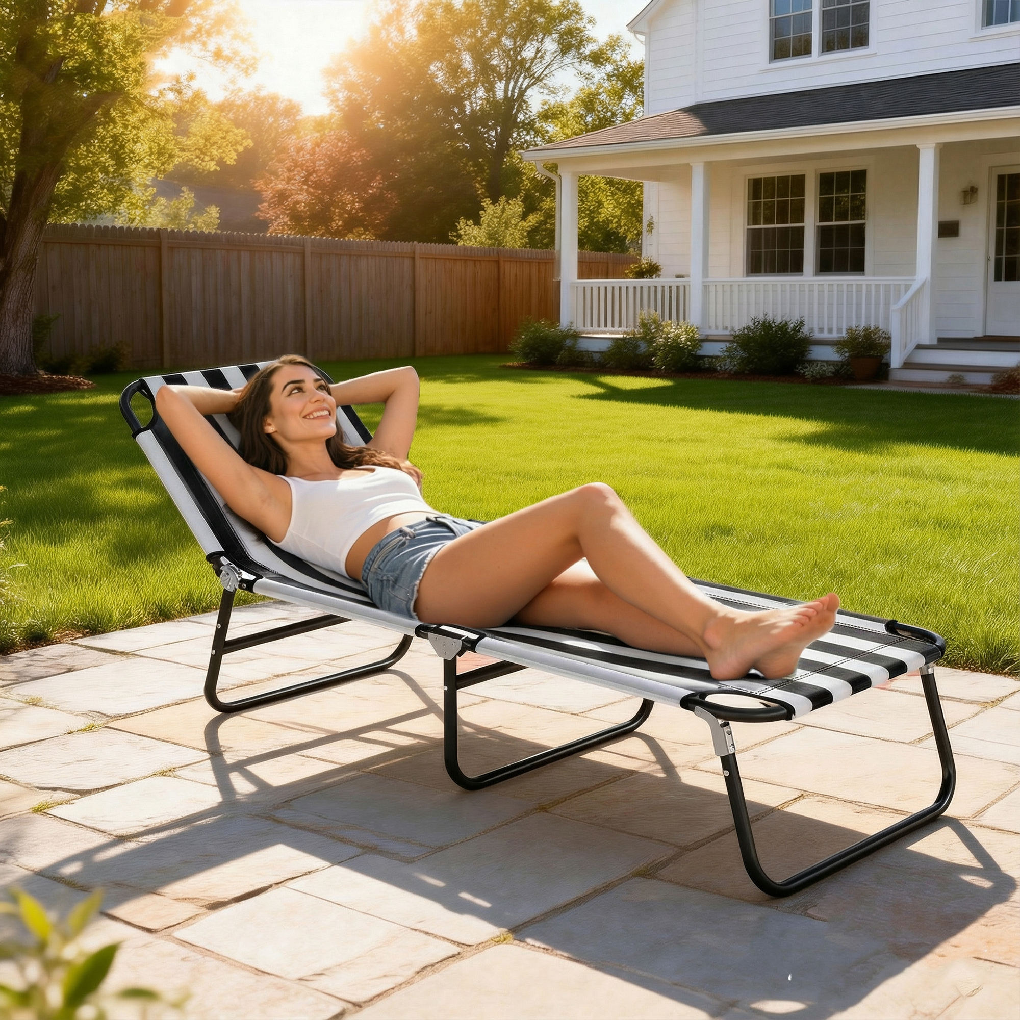  Portable Folding Adjustable Sun Beach Lounger / Camping Cot - Black and White