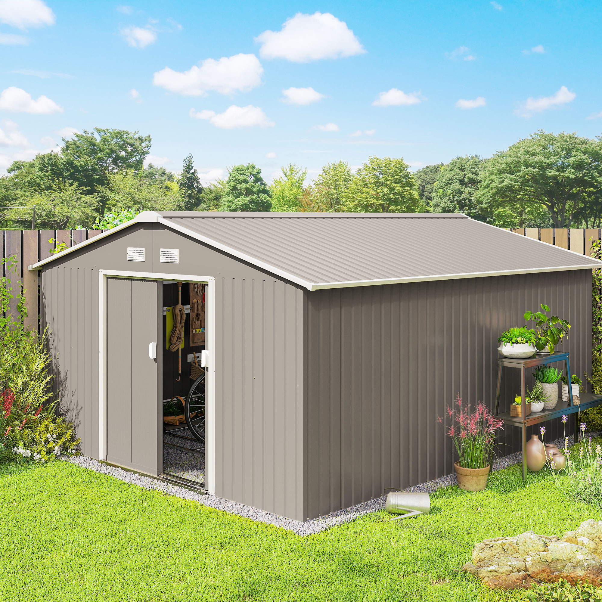 Garden Metal Shed, Storage Shed Utility Storage with Double Locking Doors for Bike, Yard Tools, Light Gray